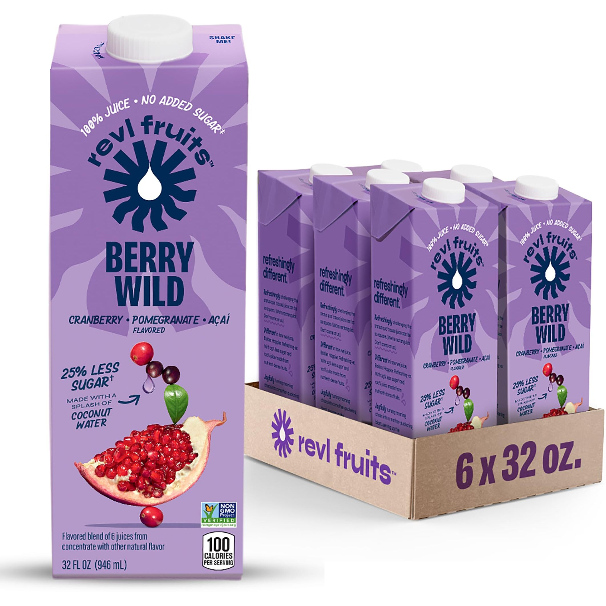Revl Fruits 100% Juice, No Added Sugar, Cranberry Pomegranate Acai, Berry Wild, 32 Fl Oz. Carton (Pack Of 6)