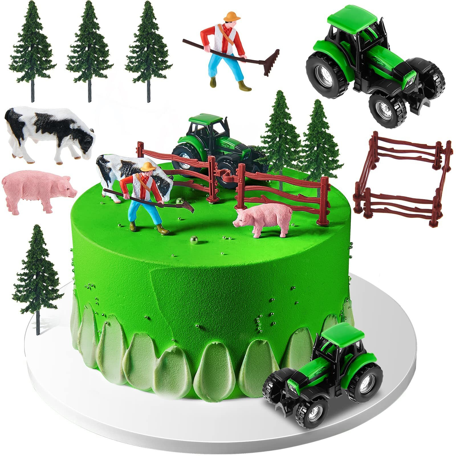 12 Pieces Farm Animal Tractor Cake Topper Set With Tree Farmer Fences Mini Barn Animal Figurines For Farm Animal Theme Party Baby Shower Birthday Party Decorations