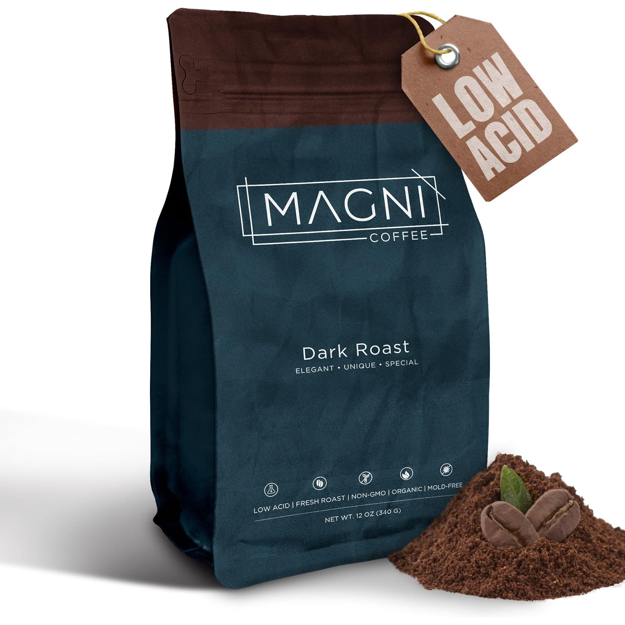 Magni Coffee - Ground - Dark Roast - Low Acid - Single Origin Usda Organic Non-Gmo Beans Third Party Tested For Mycotoxins & Pesticides - Fair Trade -12 Oz