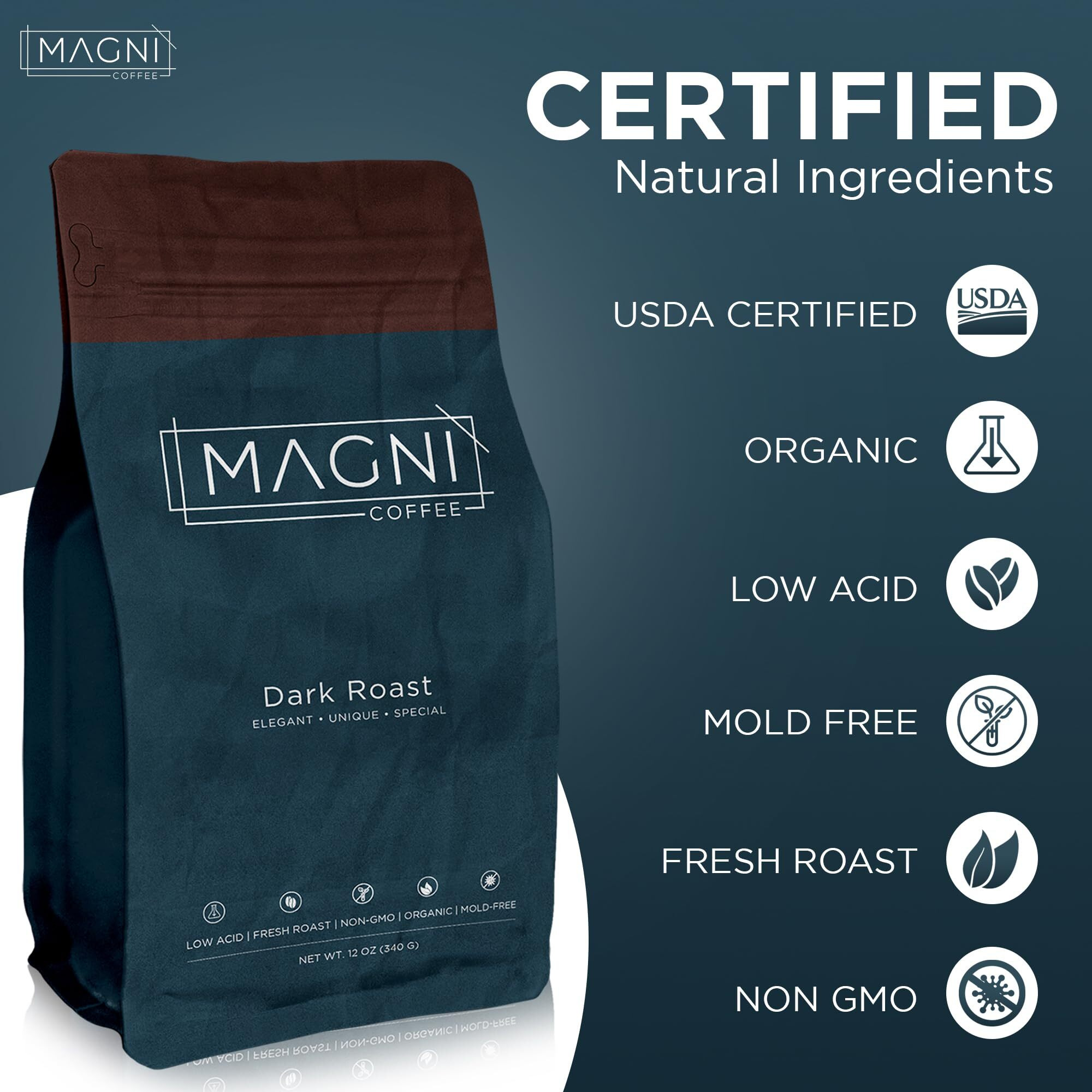 Magni Coffee - Ground - Dark Roast - Low Acid - Single Origin Usda Organic Non-Gmo Beans Third Party Tested For Mycotoxins & Pesticides - Fair Trade -12 Oz