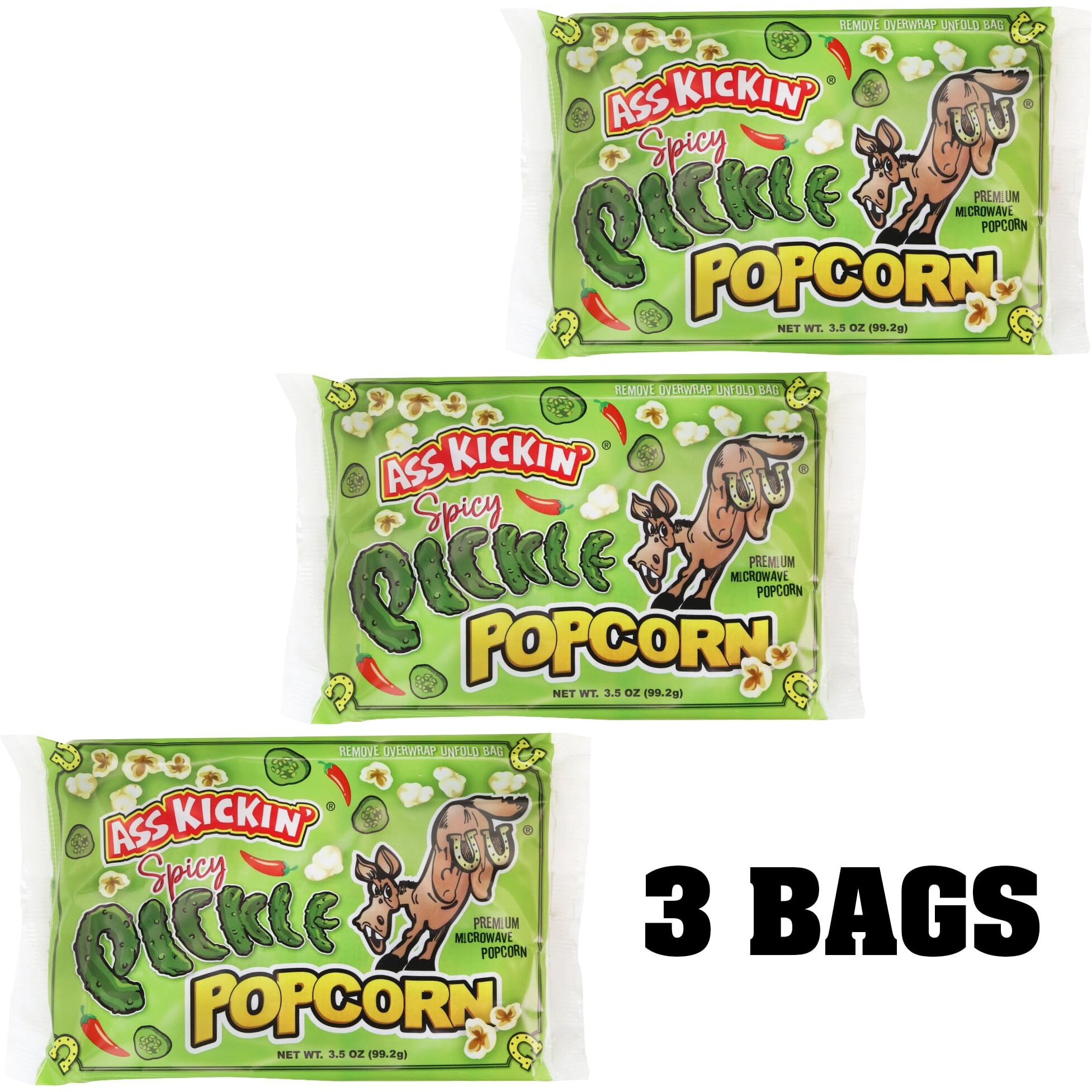 Ass Kickin' Spicy Pickle Microwave Popcorn Bags - 3 Packs - Ultimate Spicy Pickle Gourmet Popcorn Gift - Makes A Great Movie Theater Popcorn Or Snack Food For Movie Night (3)