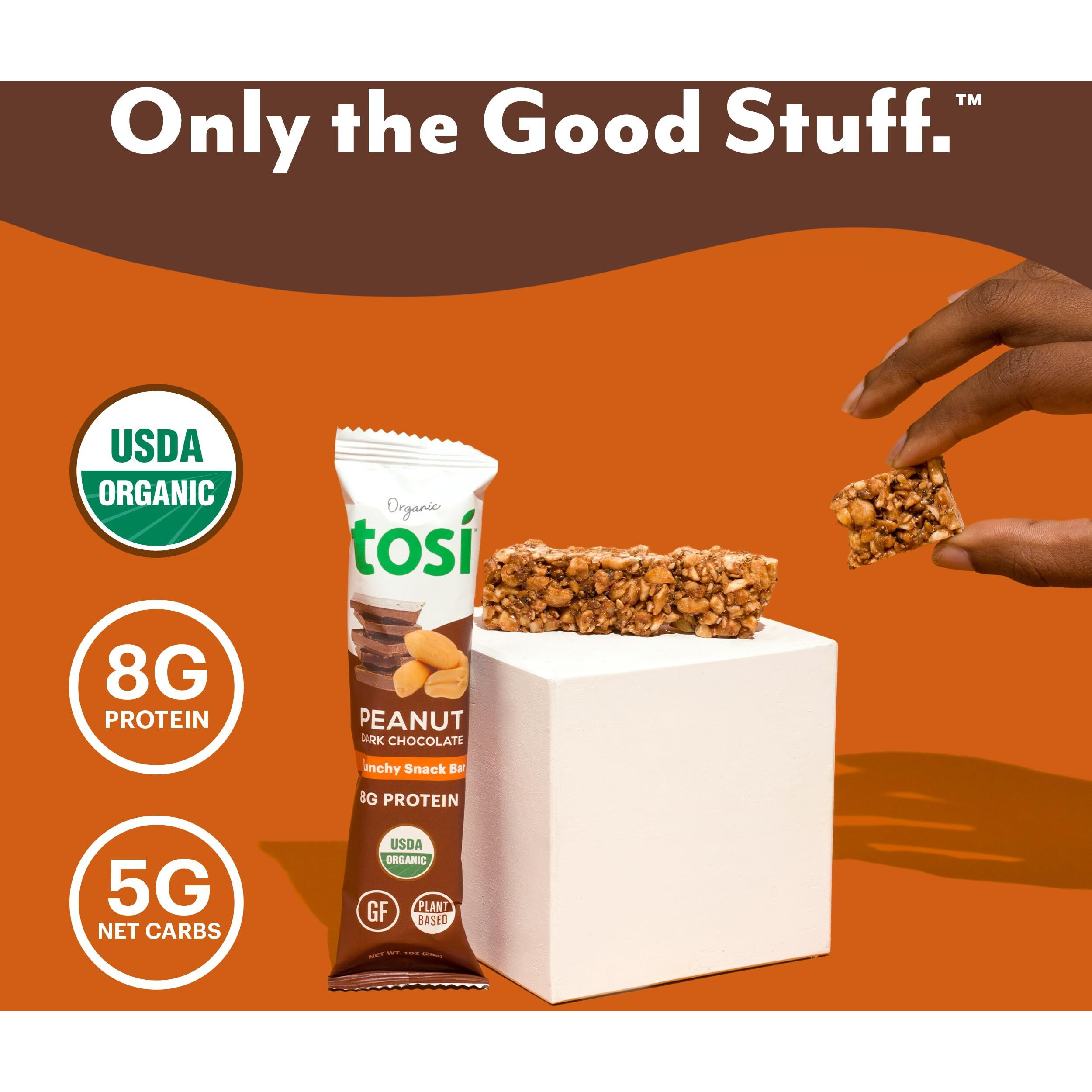 Tosi Dark Chocolate Peanut Butter Protein Bars, Plant Based With Nuts, Gluten-Free Crunchy Snacks, Vegan, Organic, Flax & Chia Seeds, Soy-Free, Omega 3S, 8G Protein, 1 Oz, 12-Pack