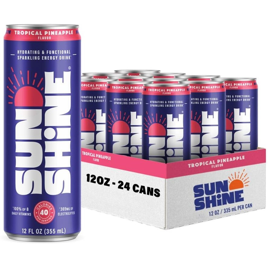 Sunshine Sparkling Energy Drink, Tropical Pineapple With Daily Essential Vitamins, 360Mg Of Electrolytes, 70Mg Of Natural Caffeine, 12 Fl Oz (Pack Of 24)