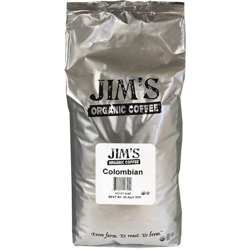 Jims Organic Coffee - Colombian - Single Origin, Medium Roast - Whole Bean, 5 Lb Bag