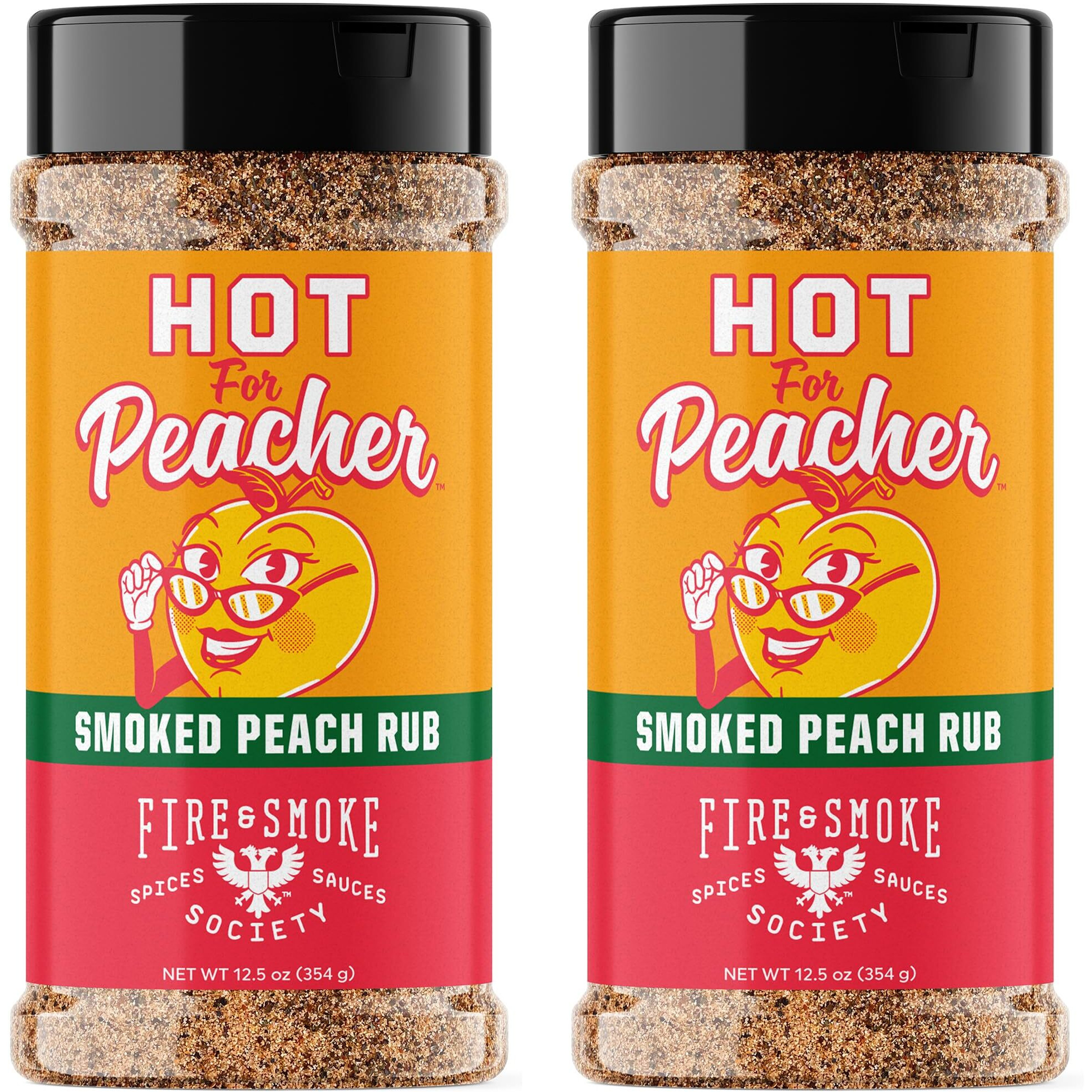 Fire & Smoke Society Hot For Peacher Bbq Rub | Bbq Seasoning For Smoking And Grilling Meat | Pulled Pork Ribs Chops, Poultry, Chicken, Beef, Dry Bbq Rubs And Spices | Cane Sugar, Smoked Salt, Peach Flavor | Xl 12.5 Oz (2-Pack)