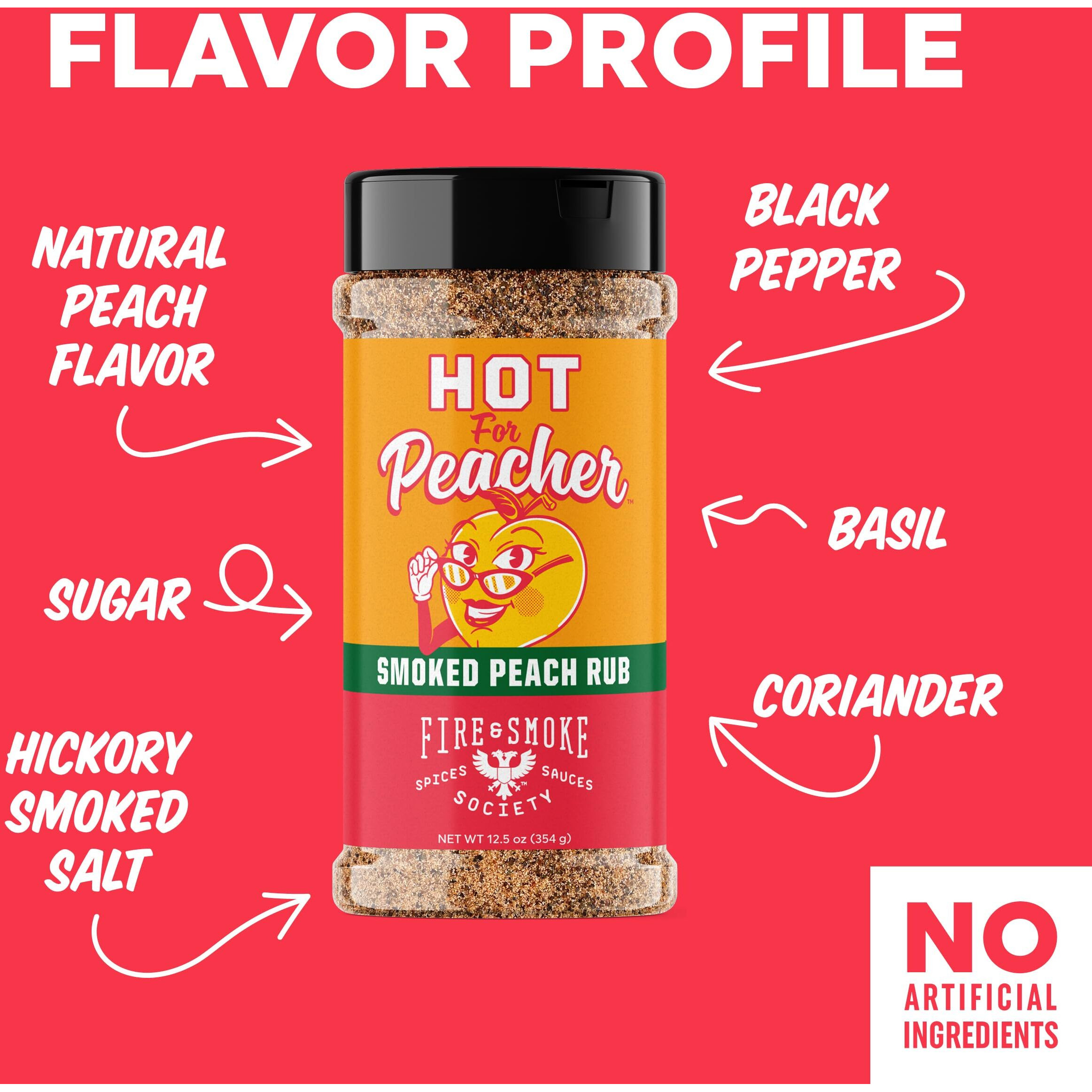 Fire & Smoke Society Hot For Peacher Bbq Rub | Bbq Seasoning For Smoking And Grilling Meat | Pulled Pork Ribs Chops, Poultry, Chicken, Beef, Dry Bbq Rubs And Spices | Cane Sugar, Smoked Salt, Peach Flavor | Xl 12.5 Oz (2-Pack)