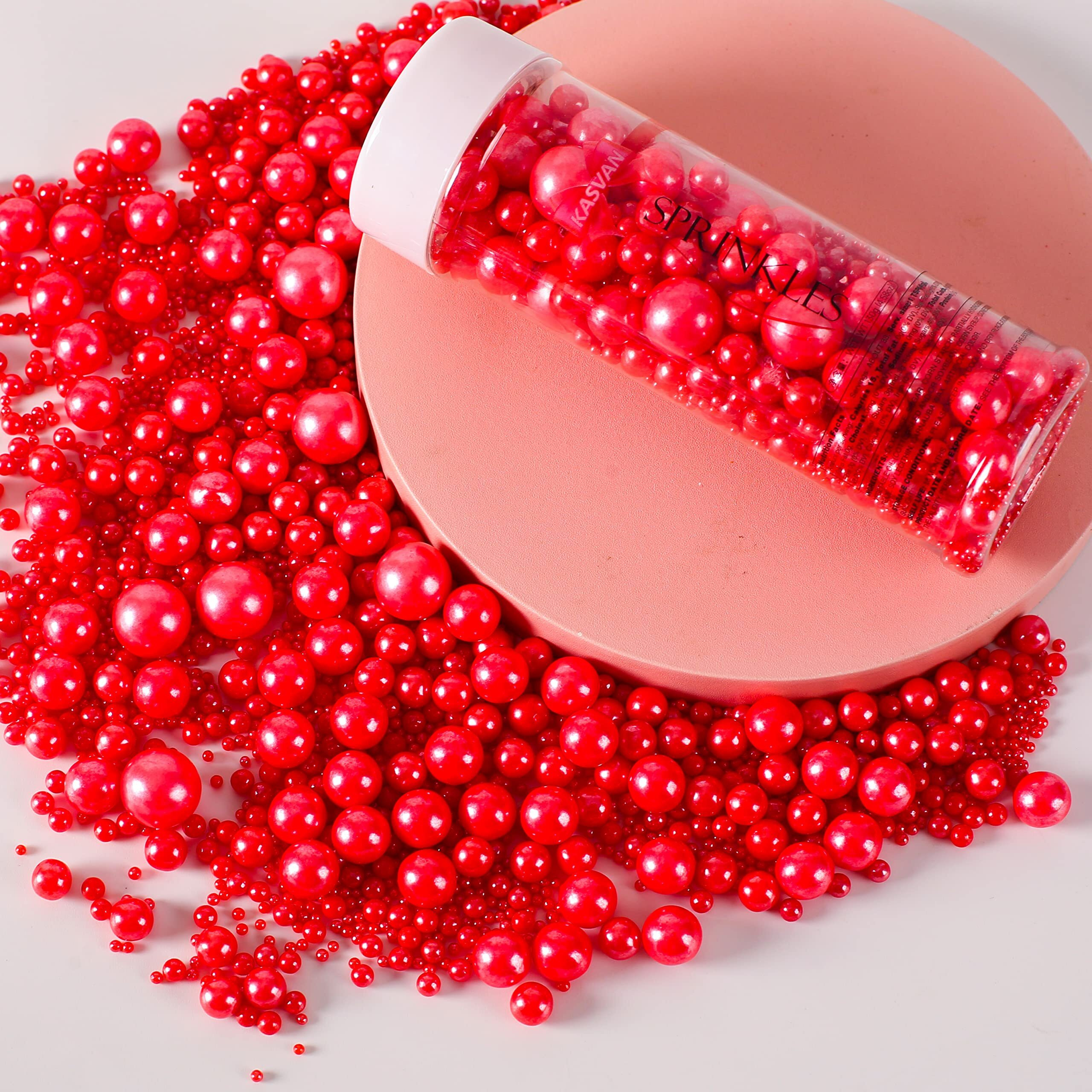 Kasvan Red Pearl Sugar Sprinkles - Edible Candy Pearls 130G/4.58 Oz, Mix Size, Baking Cake Decorations, Ice Cream Toppings And Cookie Decorating, Wedding Party Chirstmas Supplies