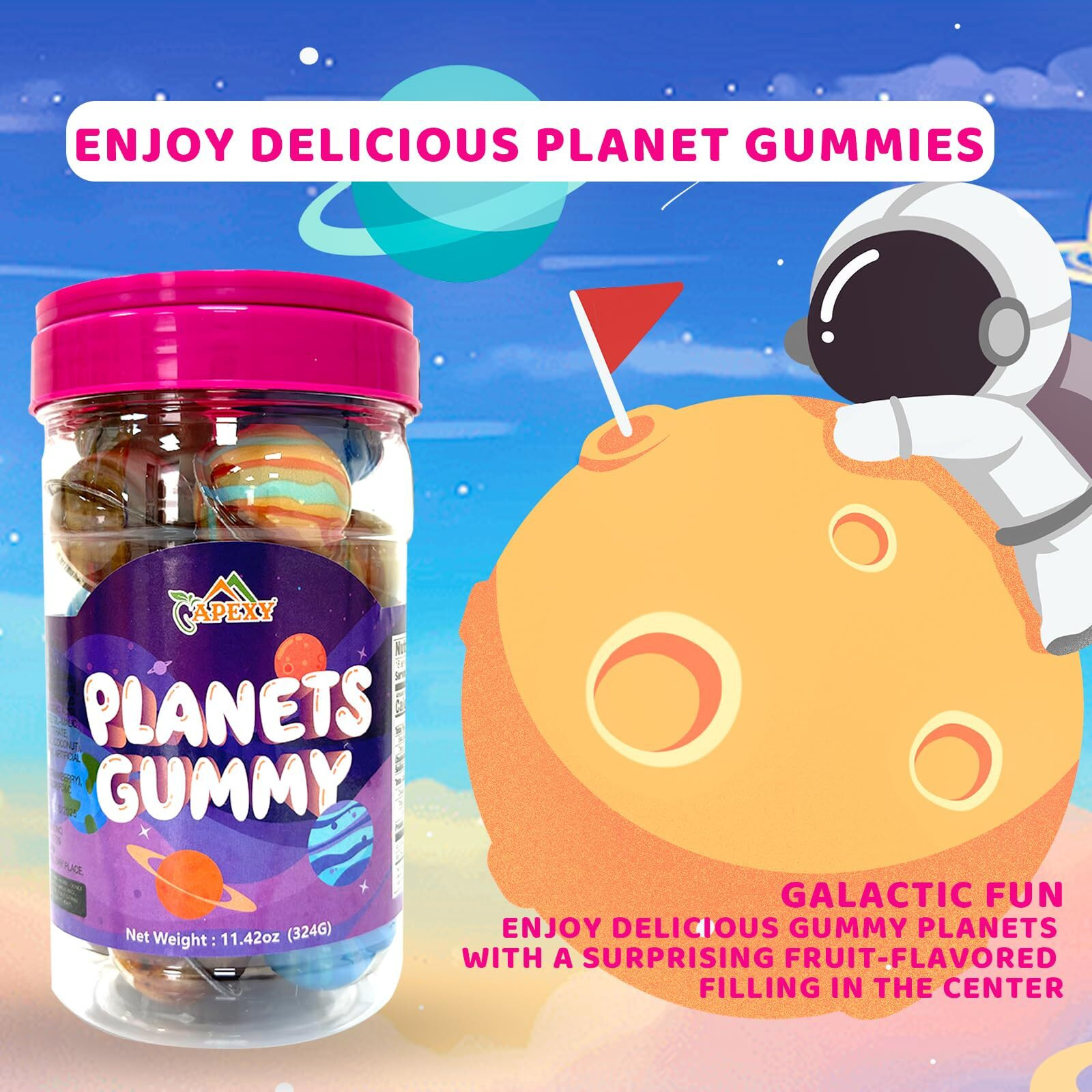 Apexy Mixed Planets Gummy Candy With Fruity Liquid Center Fat Free Fun & Delicious Space- Themed Treats Great For Halloween, Birthday, Trick Or Treat, Party 11.42Oz
