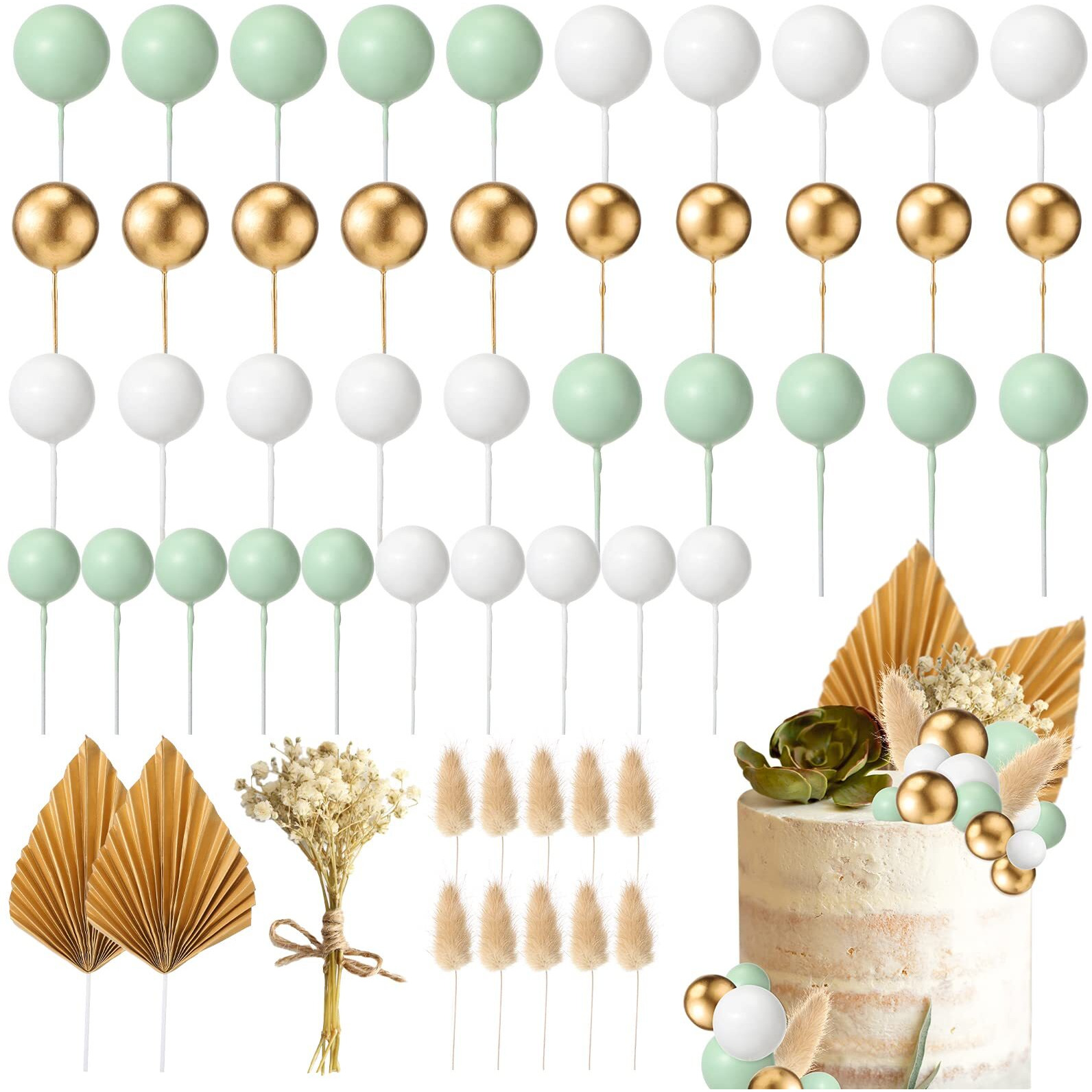 53 Pcs Boho Cake Topper Mini Balls Cake Toppers Foam Balloon Cake Toppers Palm Leaves Artificial Dried Flower Cake Toppers For Baby Shower Birthday Wedding Cake Decoration (Gold)