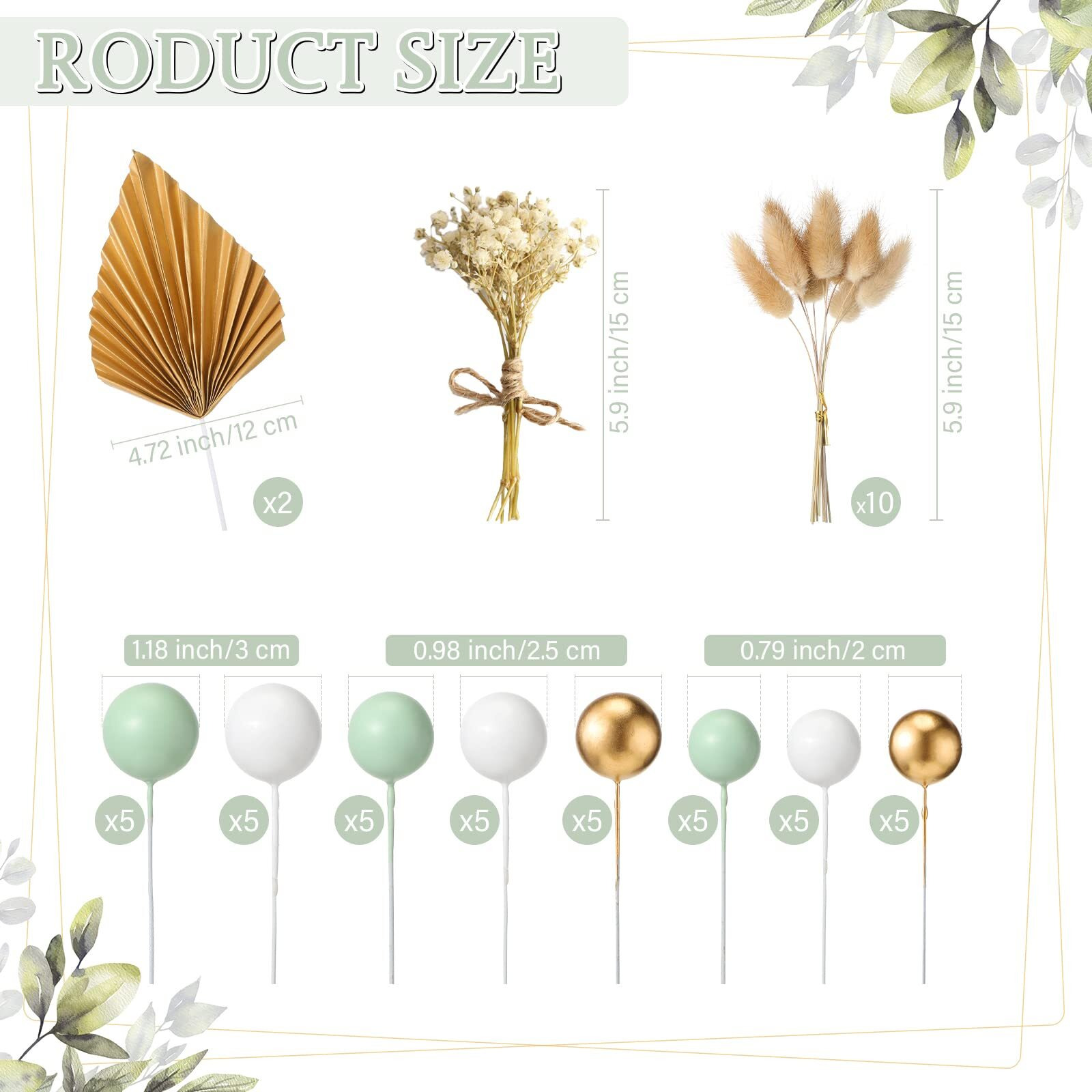 53 Pcs Boho Cake Topper Mini Balls Cake Toppers Foam Balloon Cake Toppers Palm Leaves Artificial Dried Flower Cake Toppers For Baby Shower Birthday Wedding Cake Decoration (Gold)