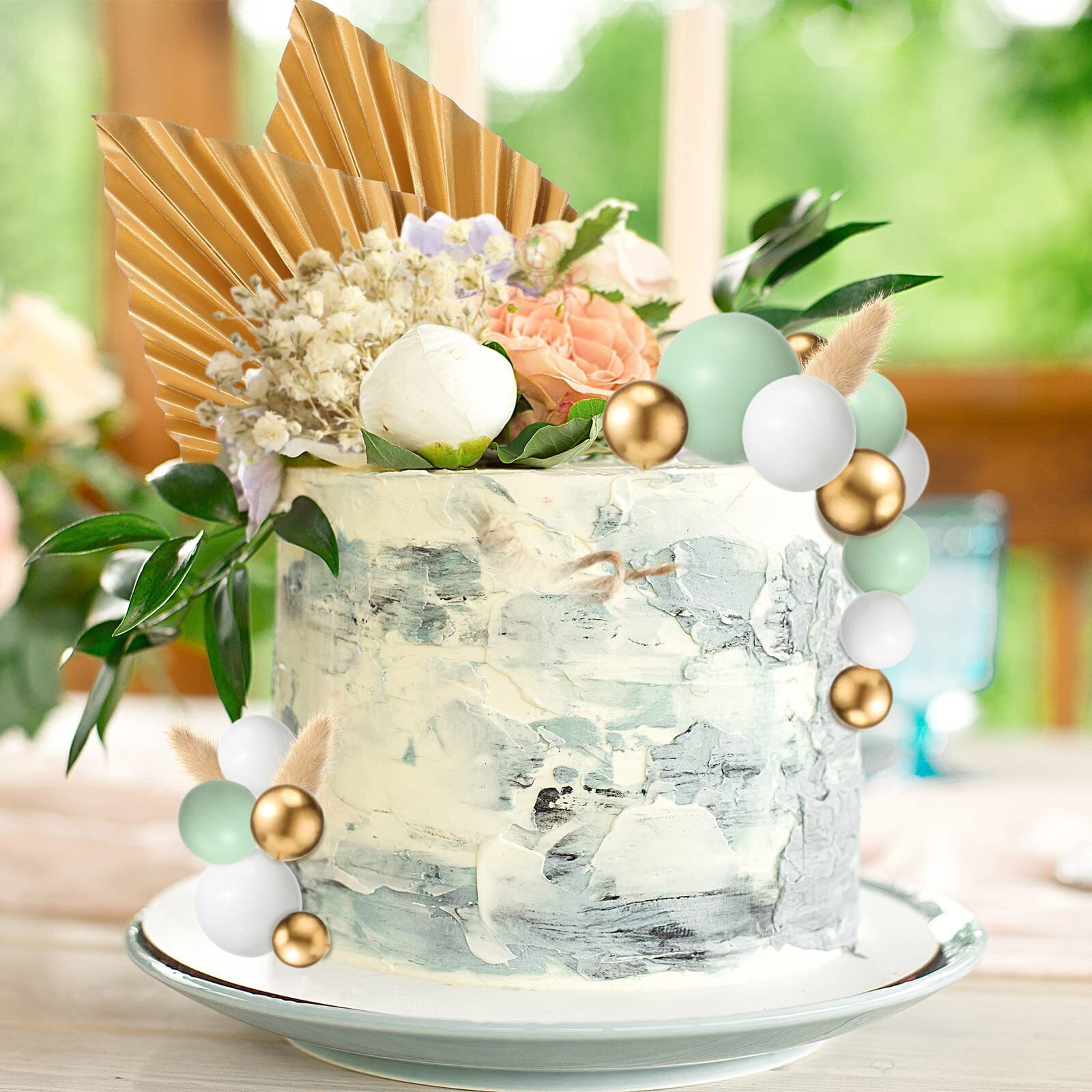 53 Pcs Boho Cake Topper Mini Balls Cake Toppers Foam Balloon Cake Toppers Palm Leaves Artificial Dried Flower Cake Toppers For Baby Shower Birthday Wedding Cake Decoration (Gold)