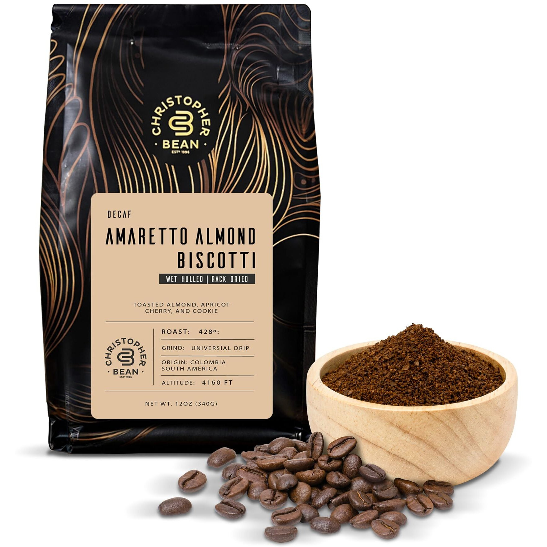 Christopher Bean Coffee - Decaf Ground Amaretto Almond Biscotti Coffee, Relaxing After Dinner & Drink | Amaretto Flavored Medium Roast Coffee 100% Arabica, No Sugar, No Fats, Non-Gmo | 12-Ounce