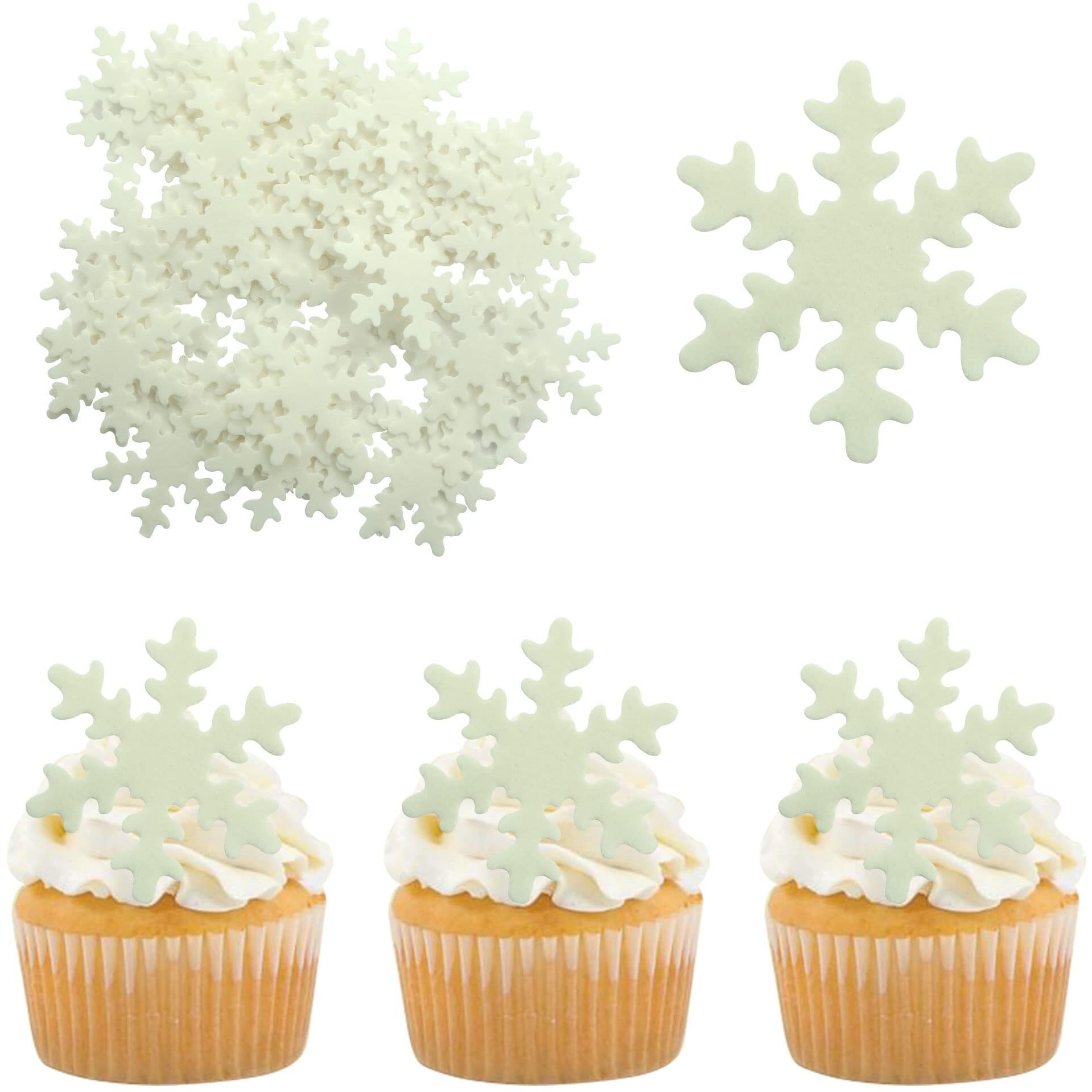 Gyufise 50Pcs White Edible Cupcake Toppers Snowflakes Cake Decoration For Christmas Winter Frozen Birthday Party Supplies