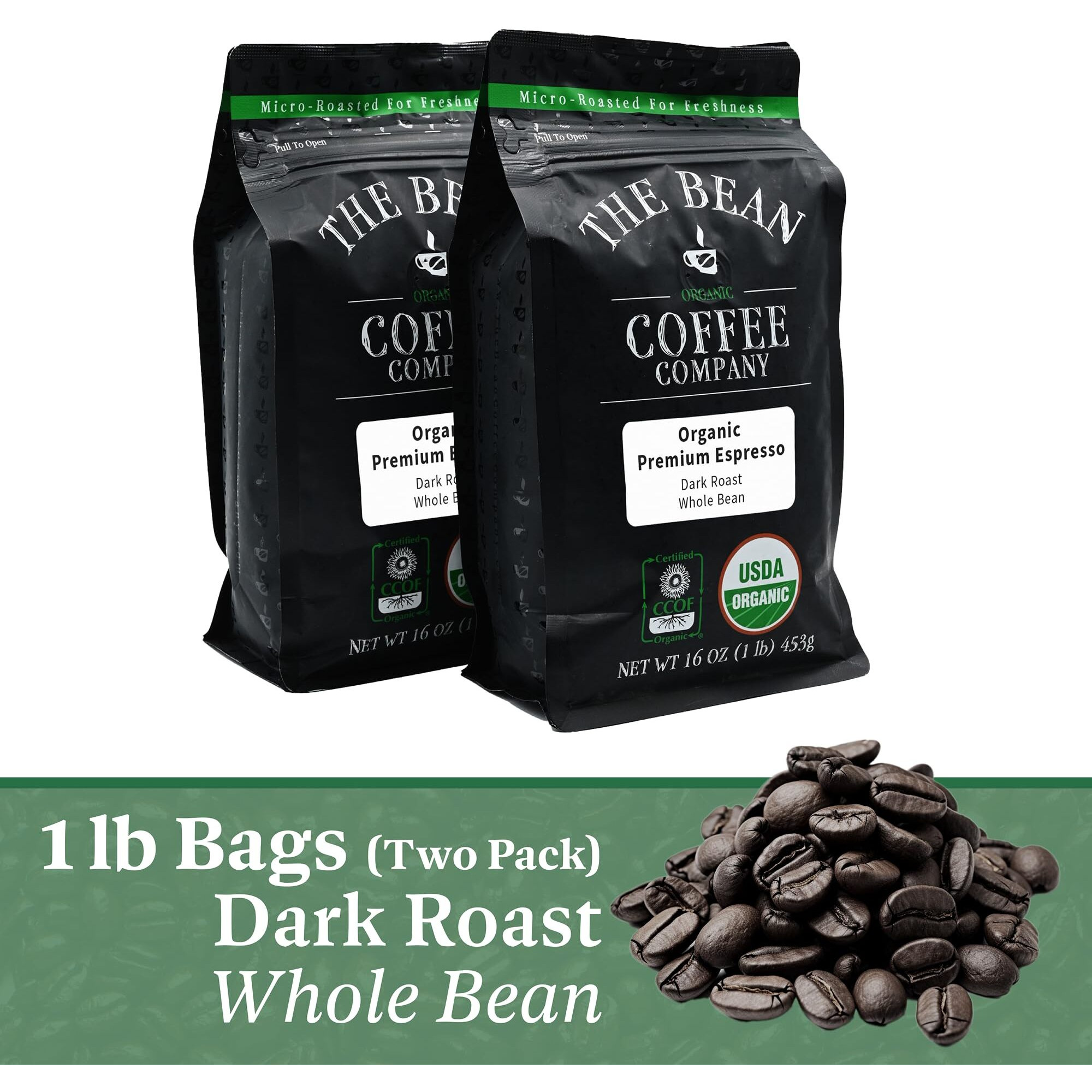 The Bean Organic Coffee Company Premium Espresso, Dark Roast, Whole Bean Coffee, 16-Ounce Bags (Pack Of 2)