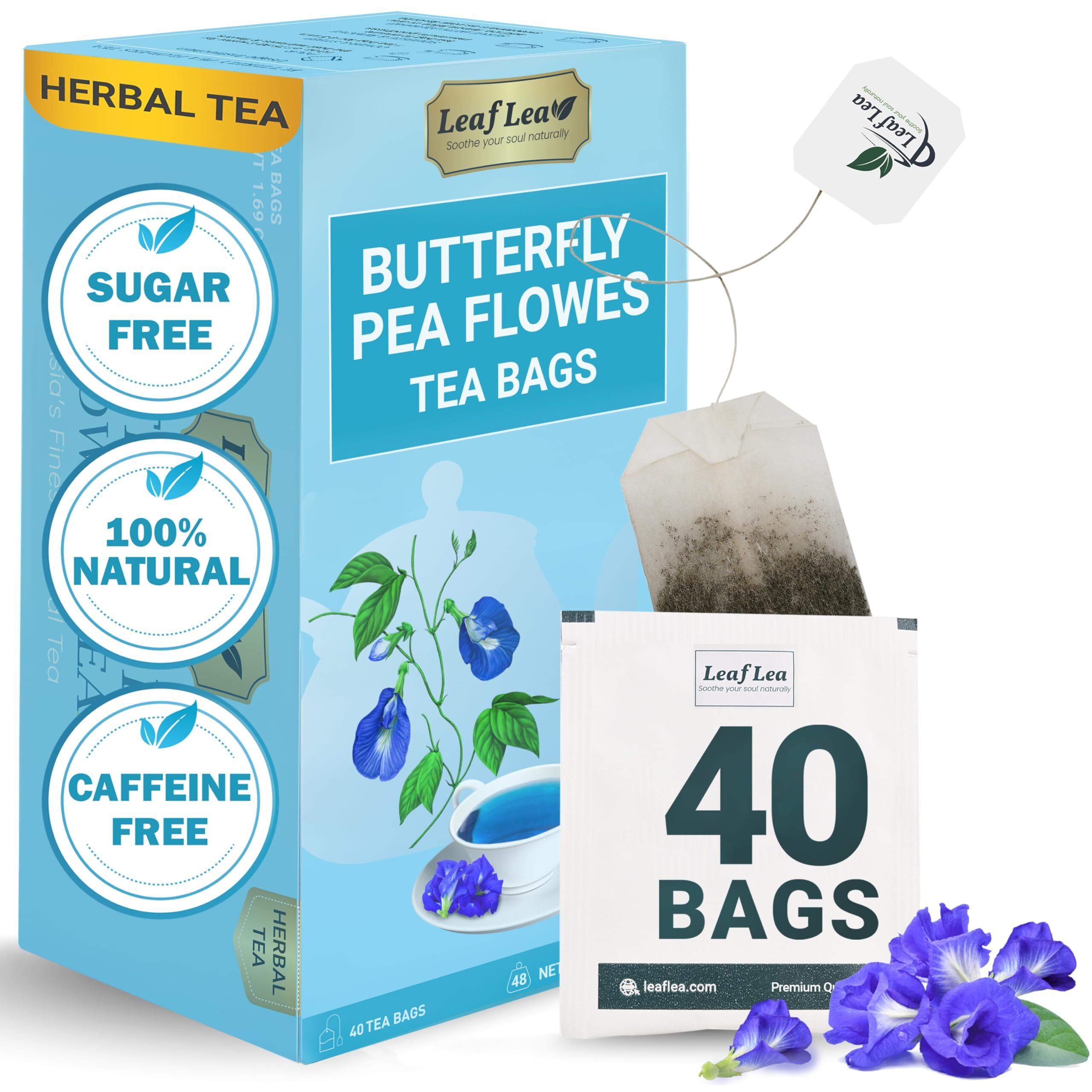 Leaflea Blue Butterfly Pea Flower Tea Bags | Blue Pea Flower Tea For Relaxation, Mocktails, And Food Coloring. Pea Tea Butterly Flower, Herbal Blue Butterfly Tea, Caffeine-Free, Suger-Free | 40 Bags