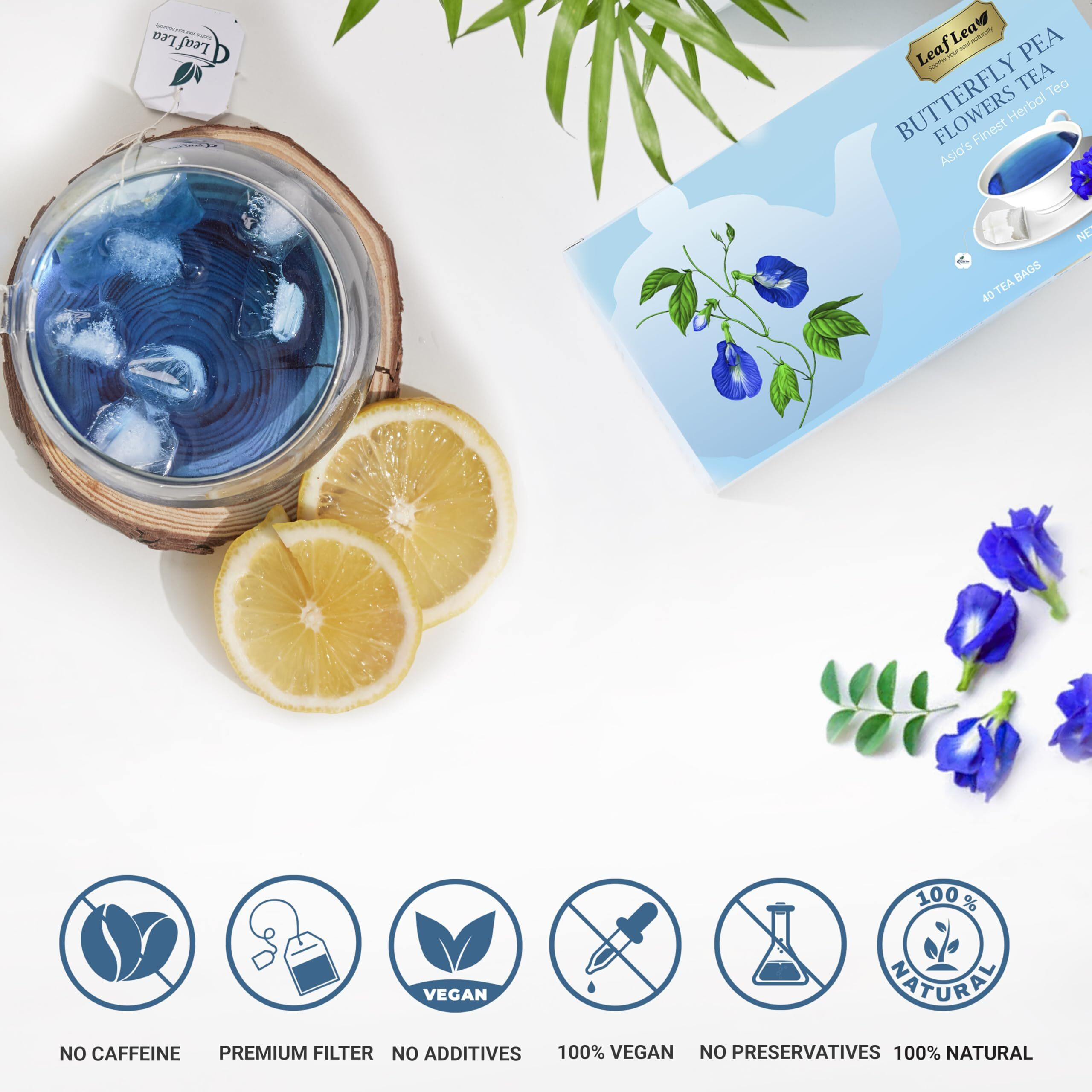 Leaflea Blue Butterfly Pea Flower Tea Bags | Blue Pea Flower Tea For Relaxation, Mocktails, And Food Coloring. Pea Tea Butterly Flower, Herbal Blue Butterfly Tea, Caffeine-Free, Suger-Free | 40 Bags