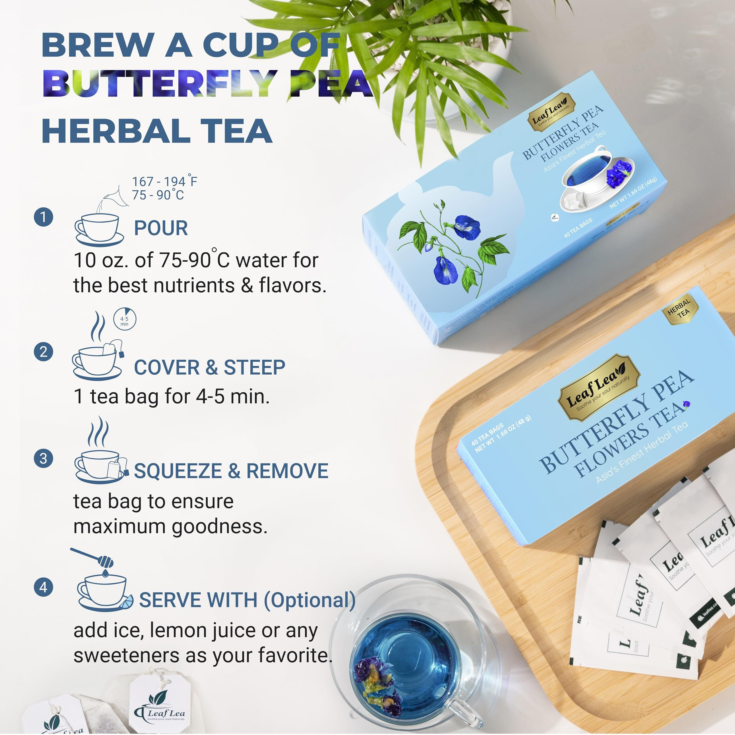 Leaflea Blue Butterfly Pea Flower Tea Bags | Blue Pea Flower Tea For Relaxation, Mocktails, And Food Coloring. Pea Tea Butterly Flower, Herbal Blue Butterfly Tea, Caffeine-Free, Suger-Free | 40 Bags