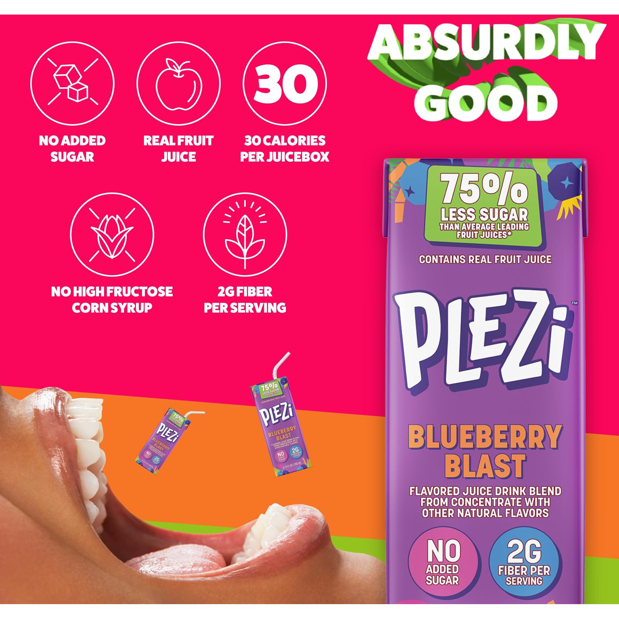 Plezi Fruit Juice Boxes For Kids, Blueberry Blast - Low Sugar Drinks With Dietary Fiber, Healthy Vitamin C, And Potassium Electrolytes - 6.75 Fl Oz (Pack Of 32)