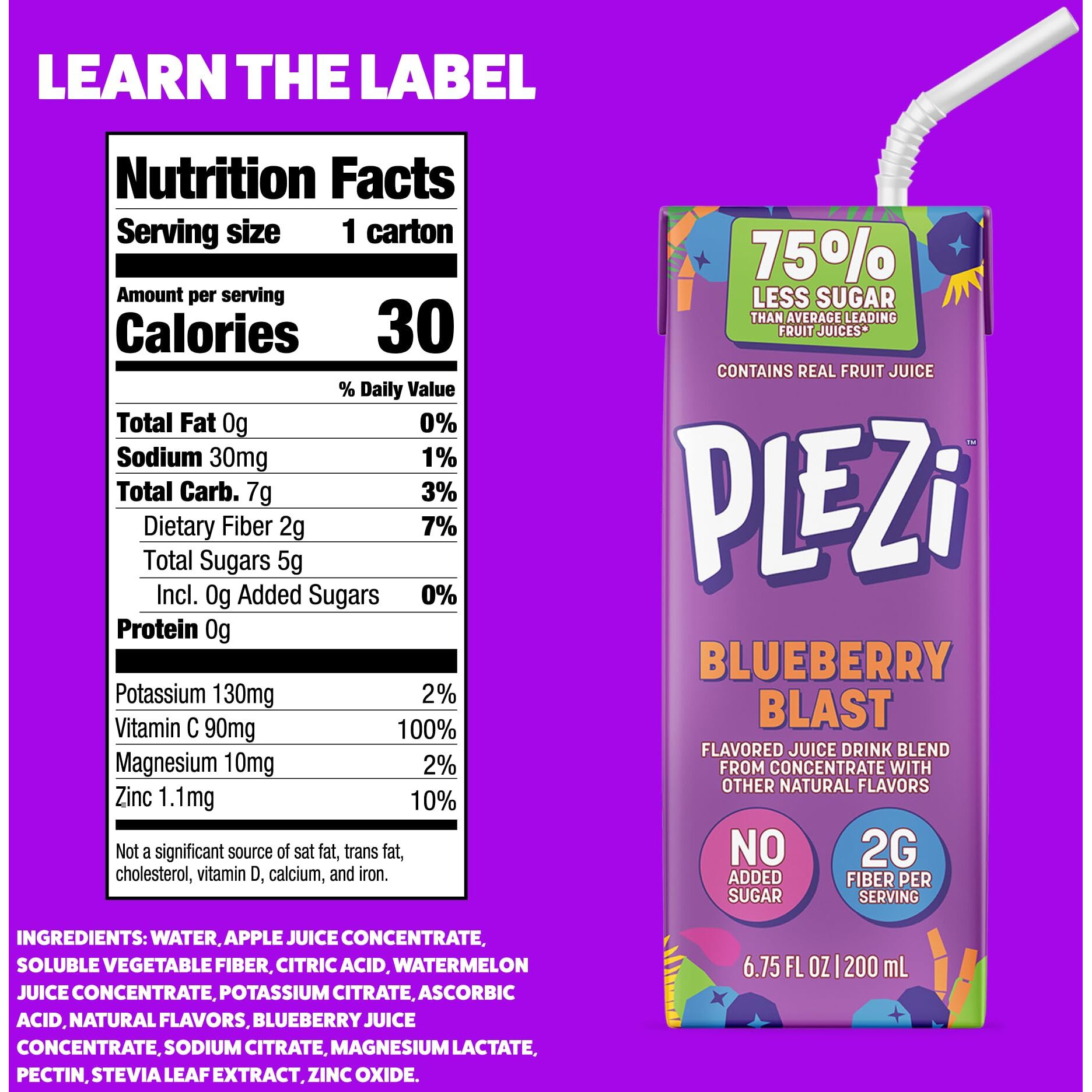 Plezi Fruit Juice Boxes For Kids, Blueberry Blast - Low Sugar Drinks With Dietary Fiber, Healthy Vitamin C, And Potassium Electrolytes - 6.75 Fl Oz (Pack Of 32)