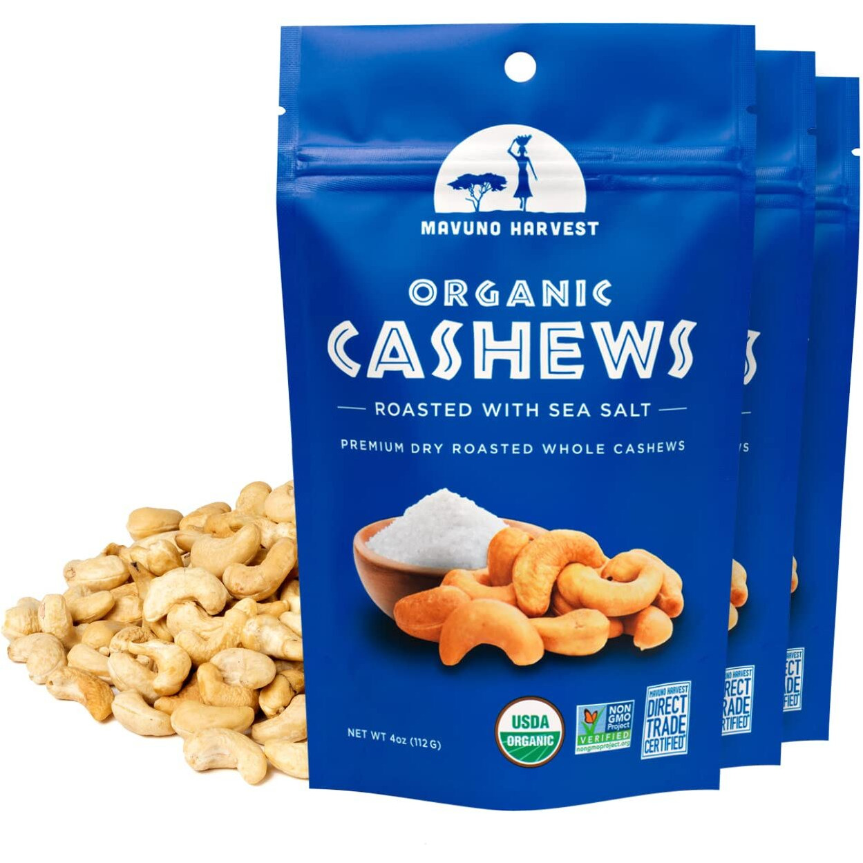 Mavuno Harvest Organic Roasted Cashews With Sea Salt | Dry Roasted Whole Cashew Nuts | Vegan, Non Gmo Healthy Snacks For Kids And Adults | Office Friendly Work Snack | 4 Ounce, Pack Of 3