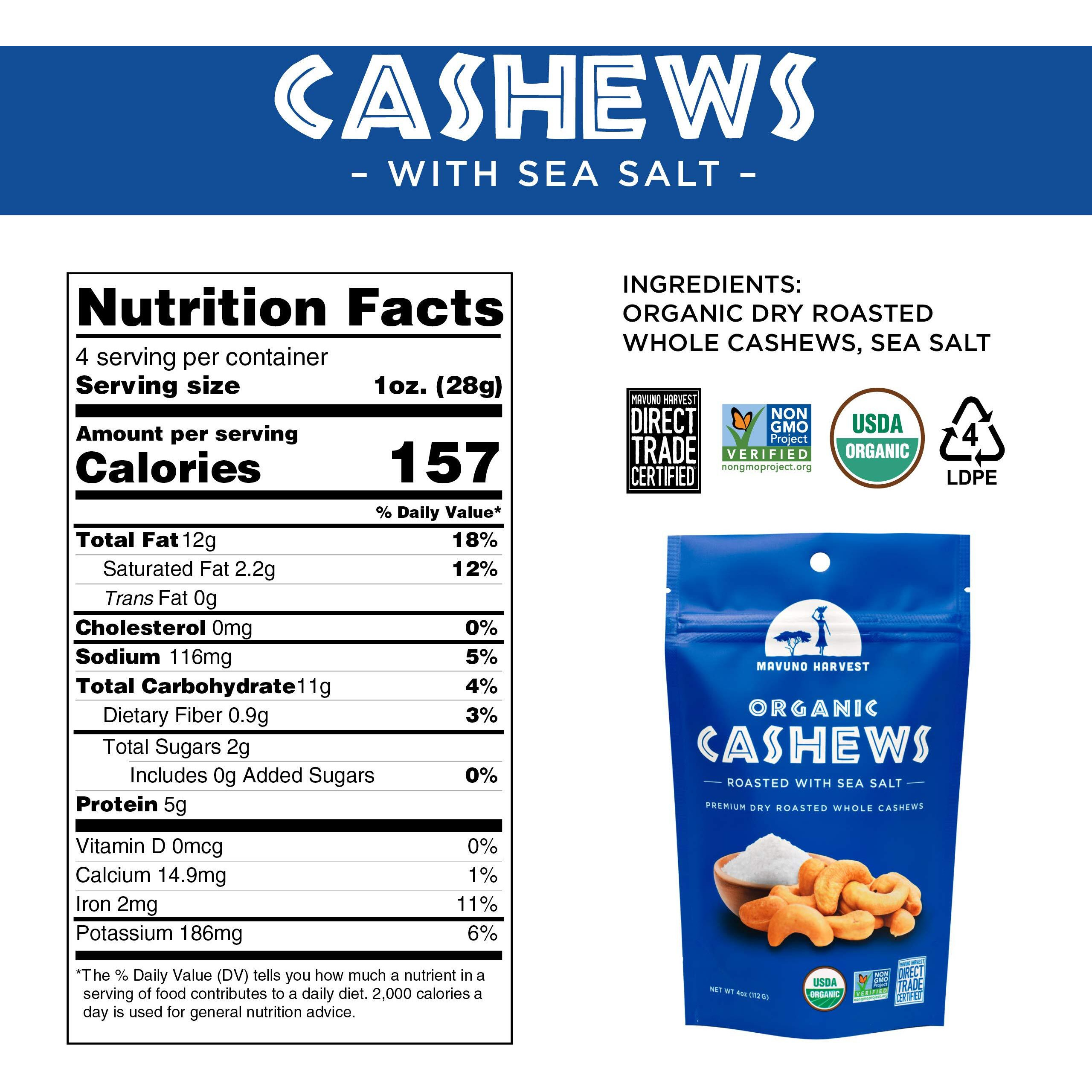 Mavuno Harvest Organic Roasted Cashews With Sea Salt | Dry Roasted Whole Cashew Nuts | Vegan, Non Gmo Healthy Snacks For Kids And Adults | Office Friendly Work Snack | 4 Ounce, Pack Of 3