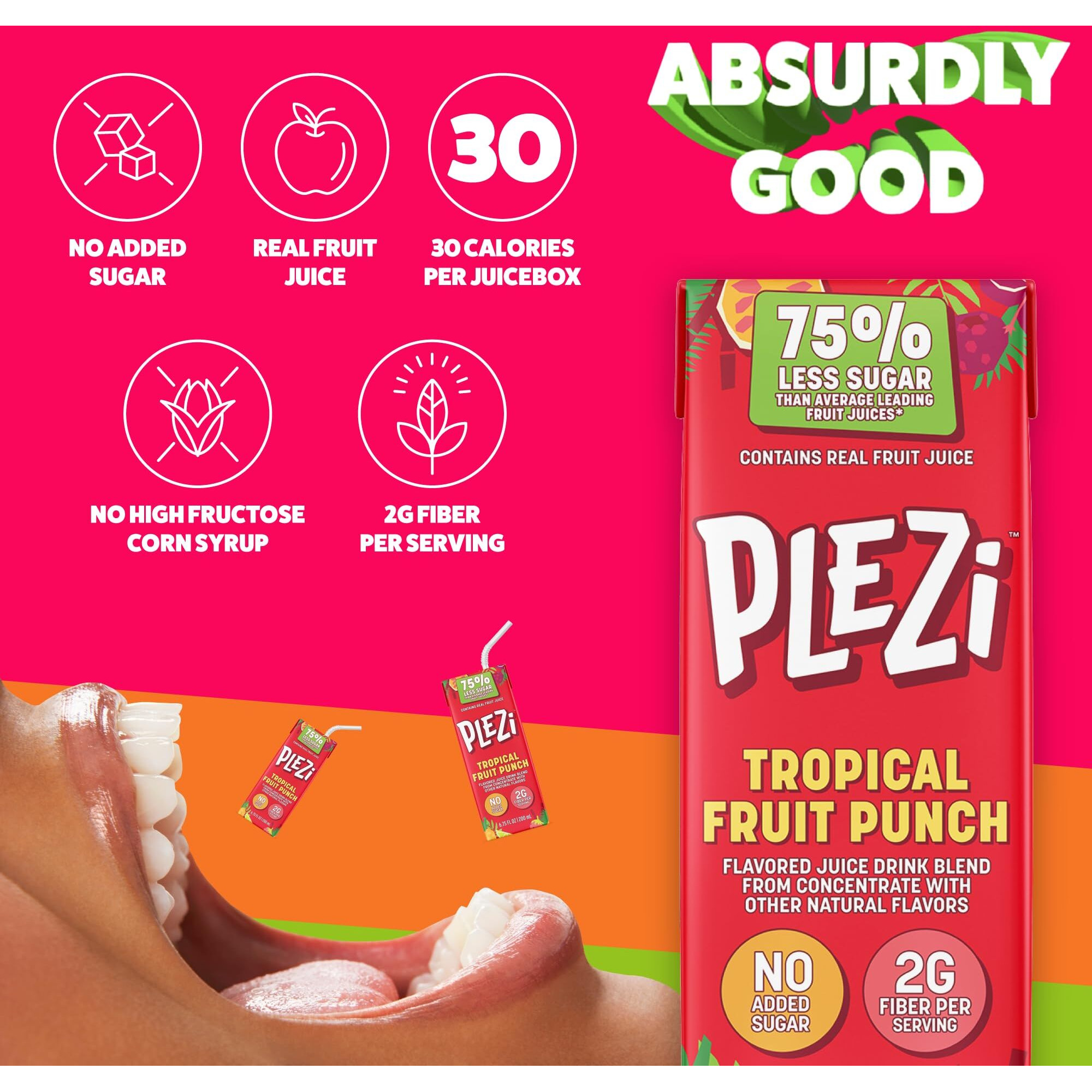 Plezi Fruit Juice Boxes For Kids, Tropical Fruit Punch - Low Sugar Drinks With Dietary Fiber, Healthy Vitamin C, And Potassium Electrolytes - 6.75 Fl Oz (Pack Of 32)