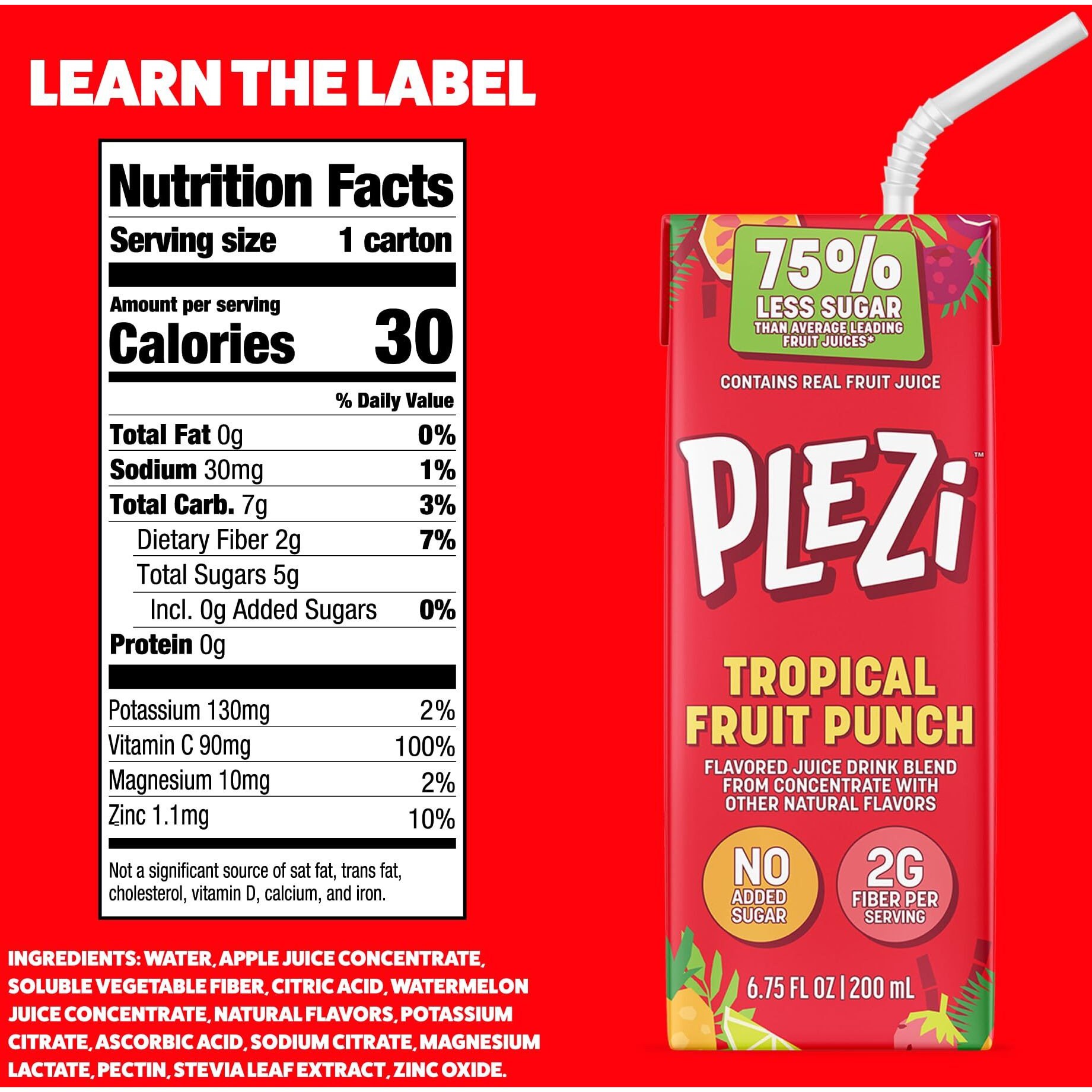 Plezi Fruit Juice Boxes For Kids, Tropical Fruit Punch - Low Sugar Drinks With Dietary Fiber, Healthy Vitamin C, And Potassium Electrolytes - 6.75 Fl Oz (Pack Of 32)