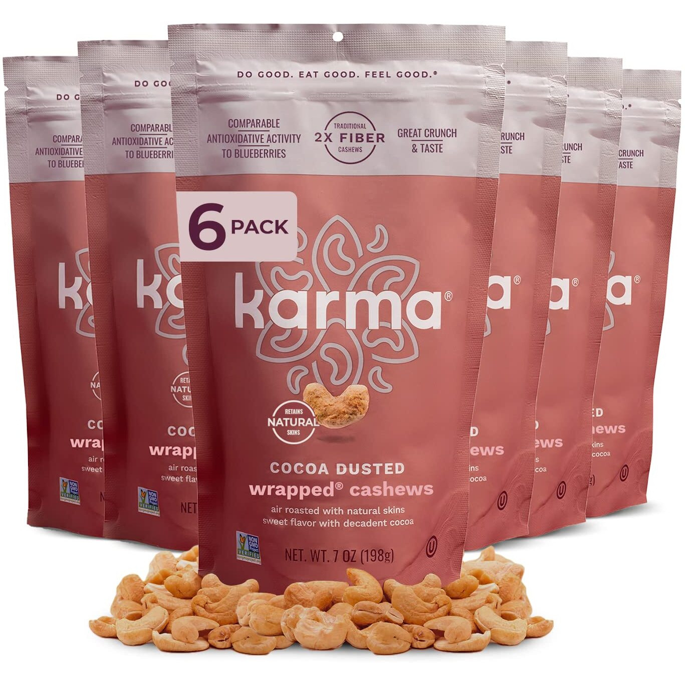 Cocoa Dusted Wrapped Whole Cashews By Karma Nuts, Lightly Sweetened, Air Roasted With Natural Skins, 2X More Fiber, Peanut-Free Facility, Kosher, Everyday Nut Snack, 7Oz Resealable Bag - 6 Pack