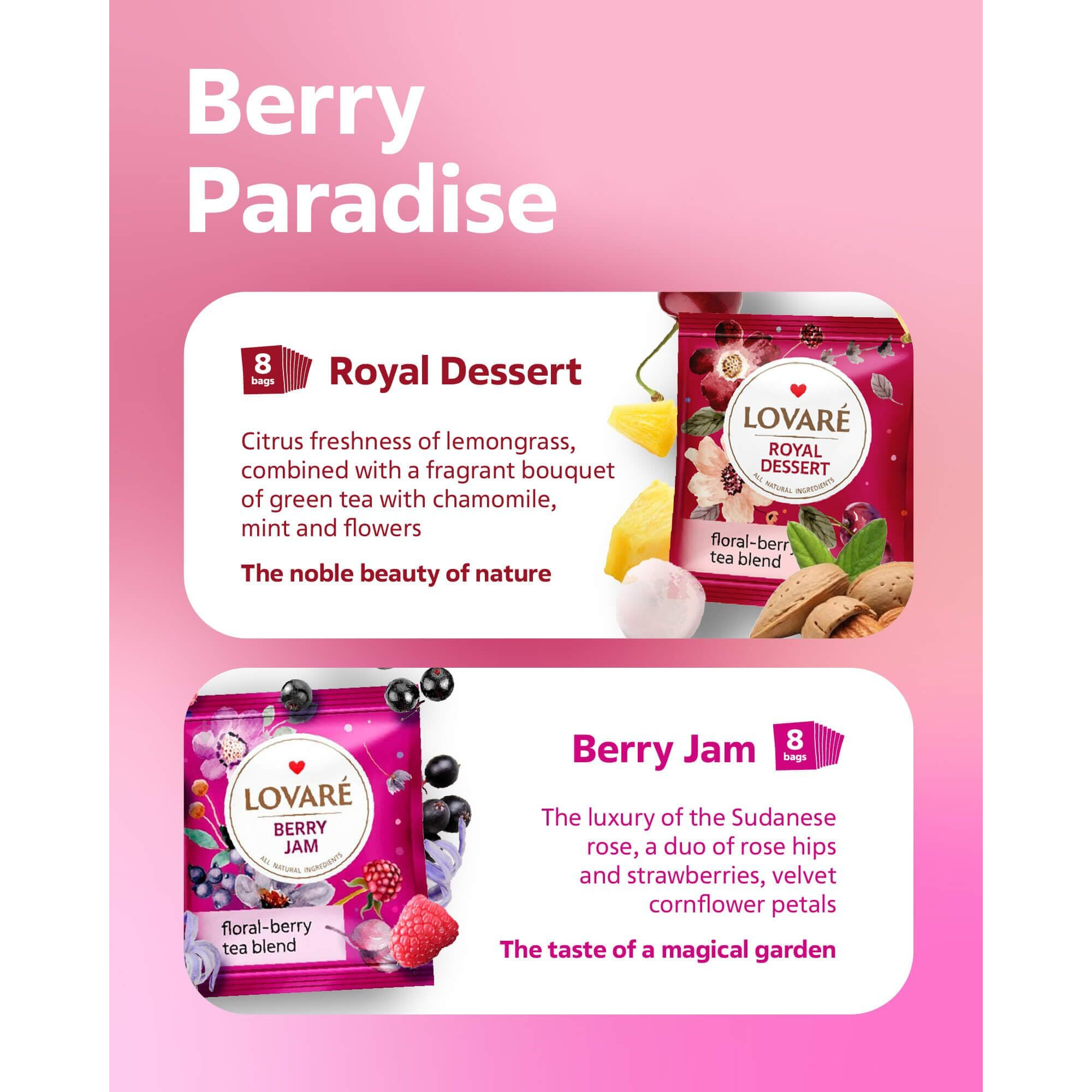 Lovare Flower Assorted Tea Variety Pack 32 Pack, 4 Tastes - Made In Ukraine - Tea Bags Individually Wrapped - Royal Dessert, Alpine Herbs, Berry Jam, Rooibos Raspberry Assorted Tea Bags Variety Pack