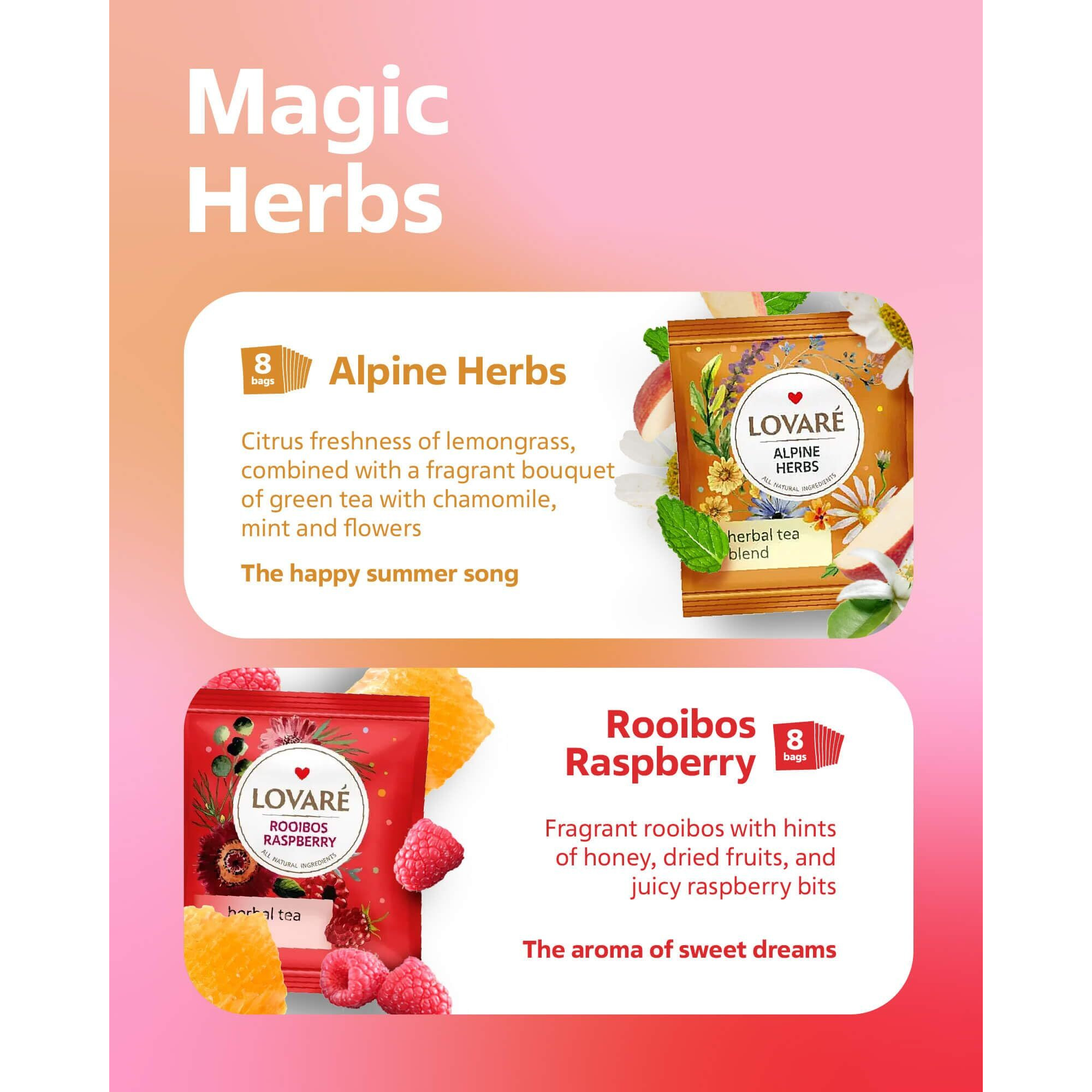 Lovare Flower Assorted Tea Variety Pack 32 Pack, 4 Tastes - Made In Ukraine - Tea Bags Individually Wrapped - Royal Dessert, Alpine Herbs, Berry Jam, Rooibos Raspberry Assorted Tea Bags Variety Pack