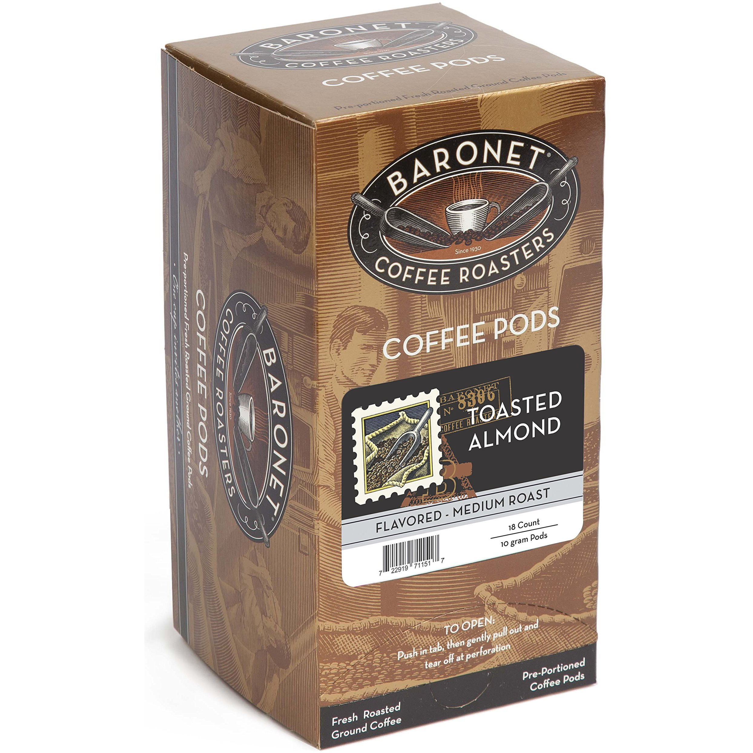 Baronet Coffee Pods [Toasted Almond-54 Pods] Flavored Single Cup Use, Like Senseo Coffee Pods [3 Boxes Of 18 Single Serve 10 Gram Pads] Regular Strength Soft Coffee Pods, Medium Roast [Toasted Almond]