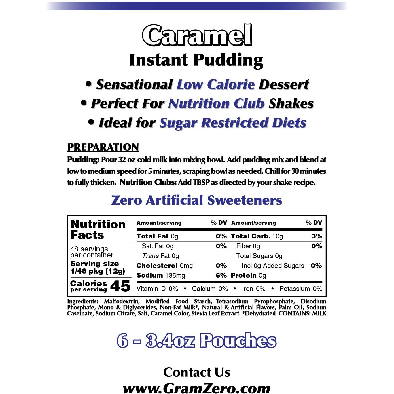 Gramzero Caramel Sugar Free Pudding Mix 6-Pack, Great For Nutrition Club Meal Replacement Shakes, Low Calorie Dessert, Stevia Sweetened