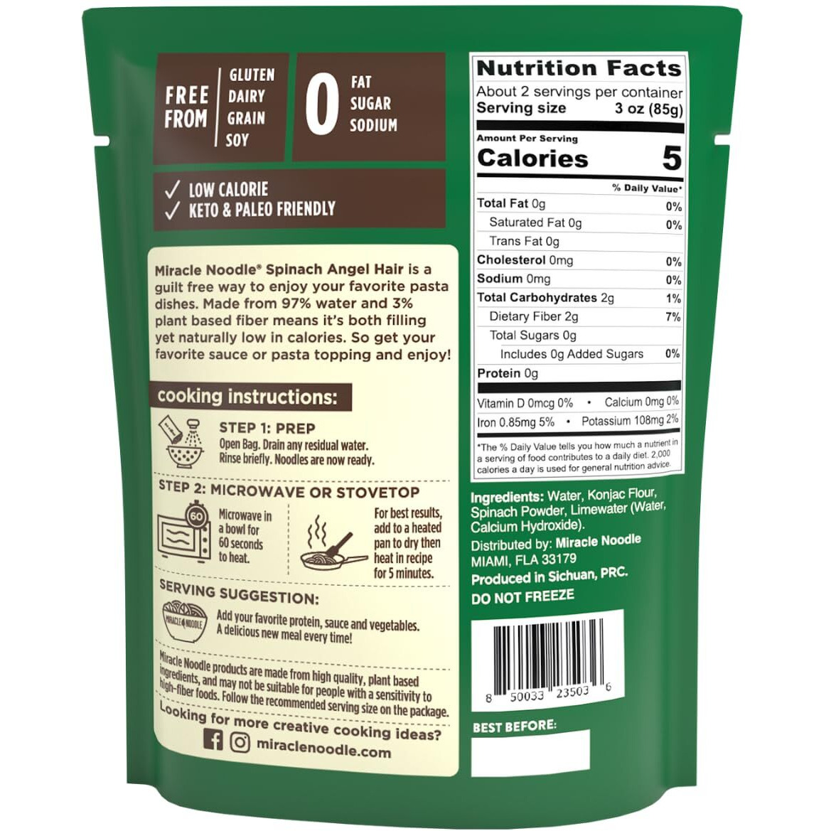 Miracle Noodle Spinach Angel Hair Pasta - Ready-To-Eat Plant Based Shirataki Noodles, Keto, Vegan, Gluten-Free, Paleo, Konjac Noodles, Low Calorie & Carb Pasta, Soy Free, Non-Gmo - 7 Oz, 1-Pack