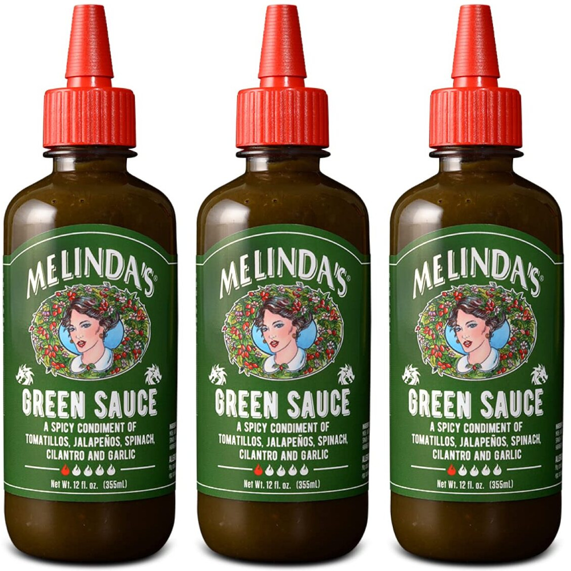Melindas Green Sauce - Gourmet Mild Chile Verde Hot Sauce Made With Fresh Ingredients, Tomatillos, Jalapeo, Spinach & Cilantro - Kosher - 12 Oz, 3 Pack