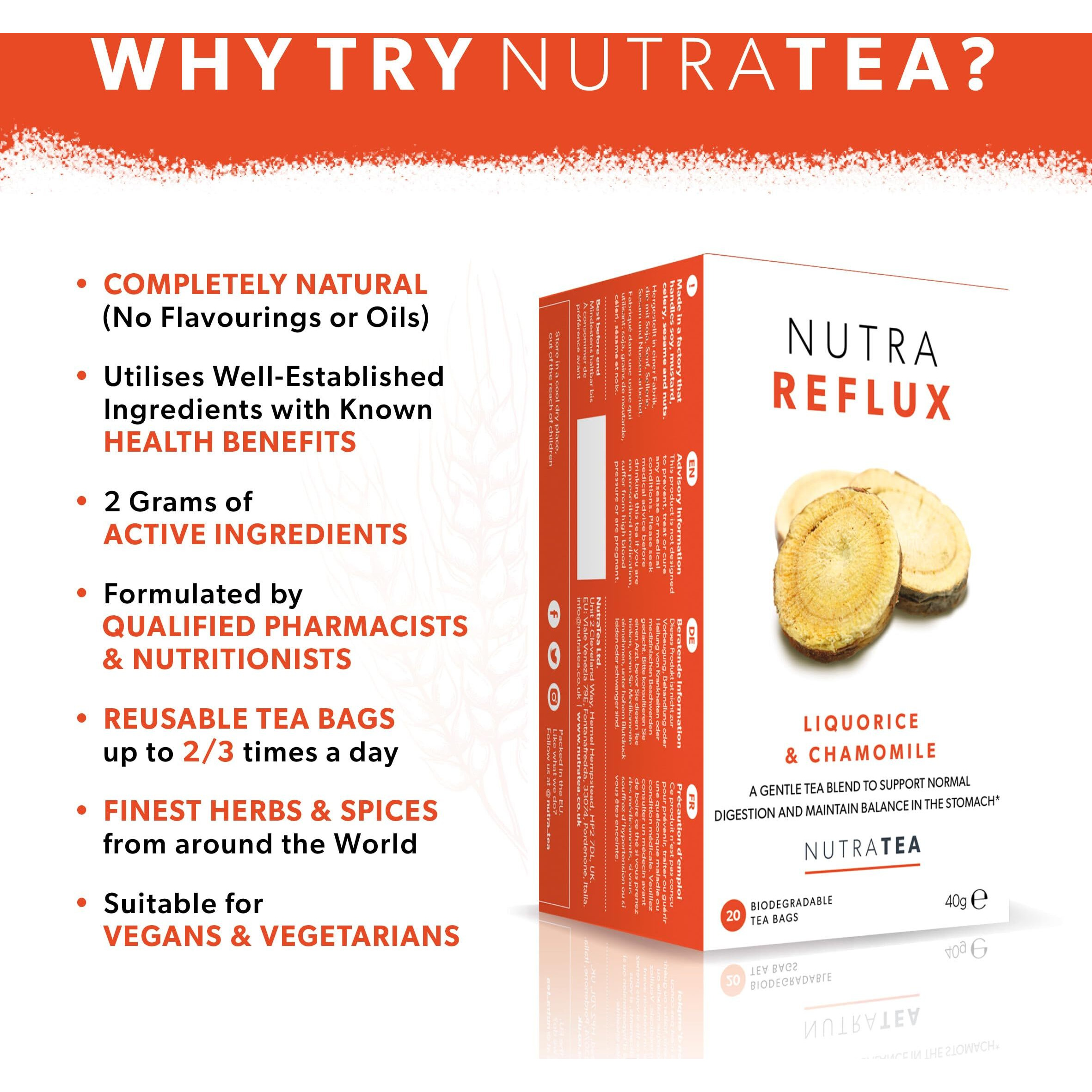 Nutrareflux - Acid Reflux Tea | Heartburn Relief Tea - Providing Upset Stomach Relief And Gerd Relief - Includes Slippery Elm, Fennel & Licorice - 20 Enveloped Tea Bags - By Nutra Tea - Herbal Tea