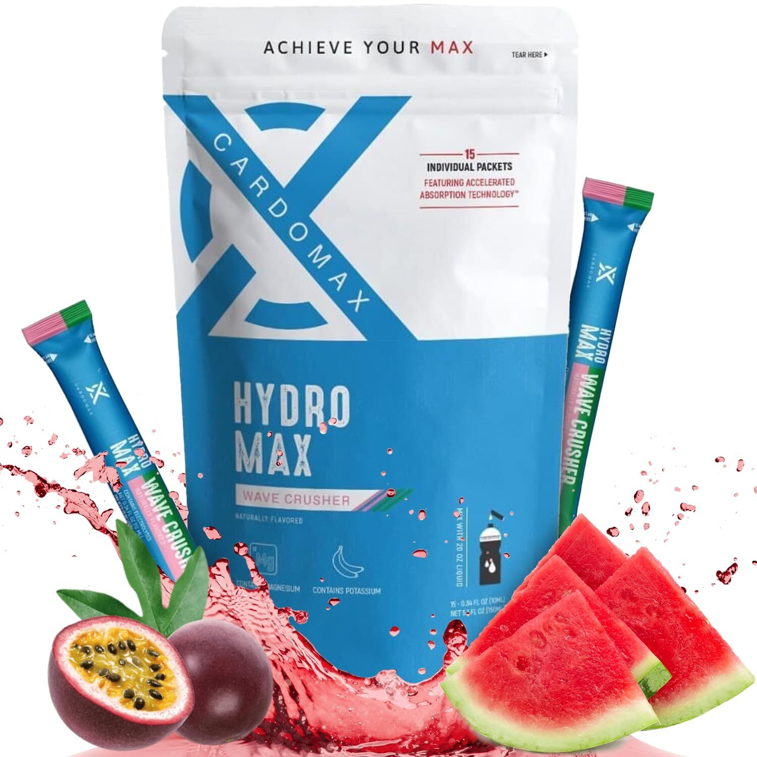 Cardomax Hydration Packet Electrolyte Drink Mix - Hydromax Liquid Water Electrolyte Packets, Zero Calories, Sugar-Free, Keto-Friendly - 15 Single Serve Electrolyte Water Sticks (Wavecrusher Flavor)