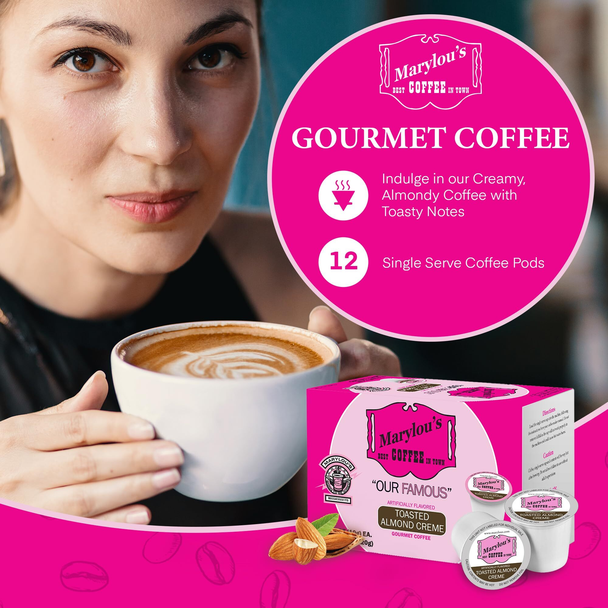 Marylous Coffee - Toasted Almond Crme Flavored Coffee, Delicious Medium Roast Gourmet Coffee Compatible With Keurig Coffee Maker, 1 Count (12 Single Serve Cups)