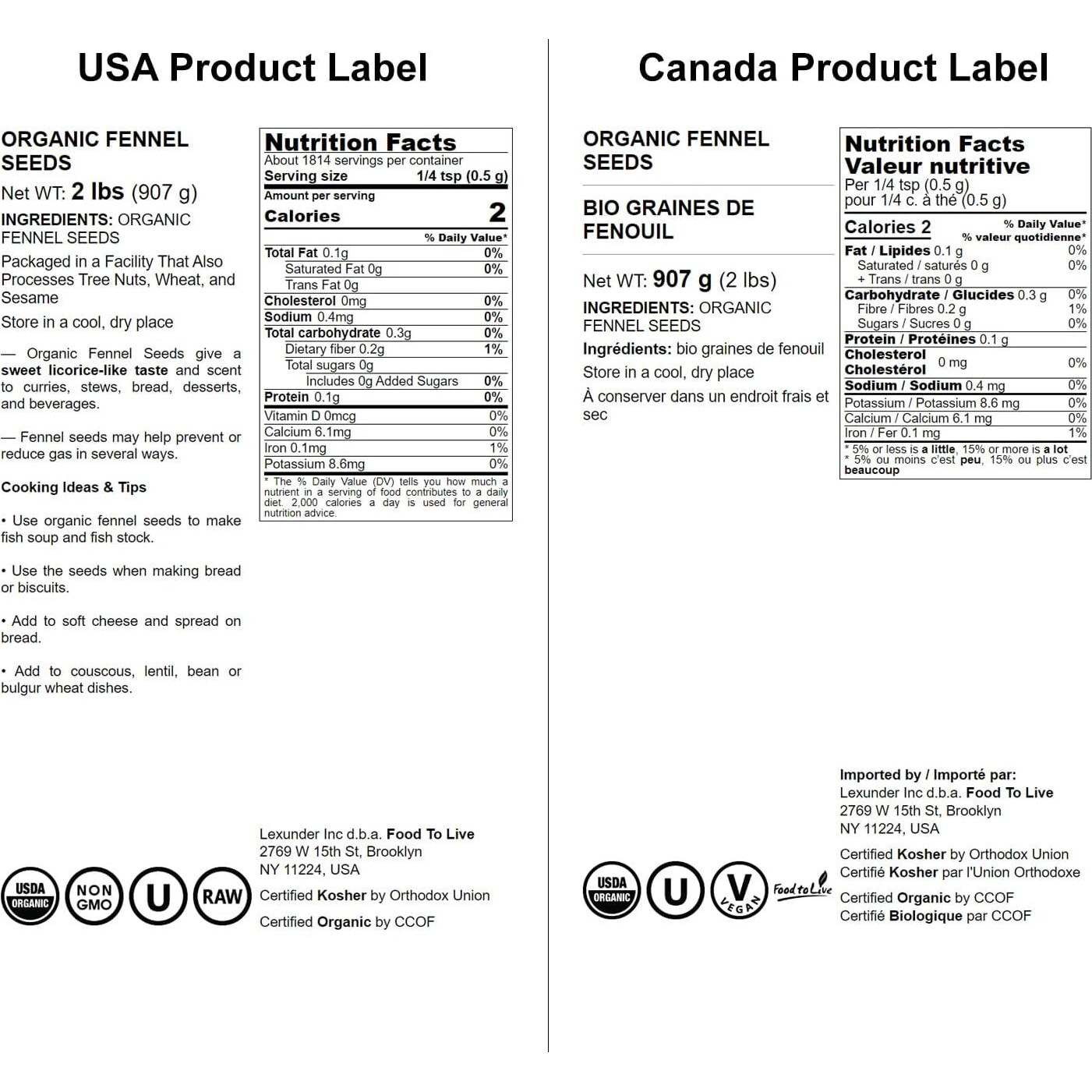 Organic Fennel Seeds, 2 Pounds - Whole Raw Seeds, Non-Gmo, Non-Irradiated, Kosher, Vegan, Bulk. Foeniculum Vulgare. High In Dietary Fiber. Great For Fennel Tea, Indian, And Middle East Dishes.