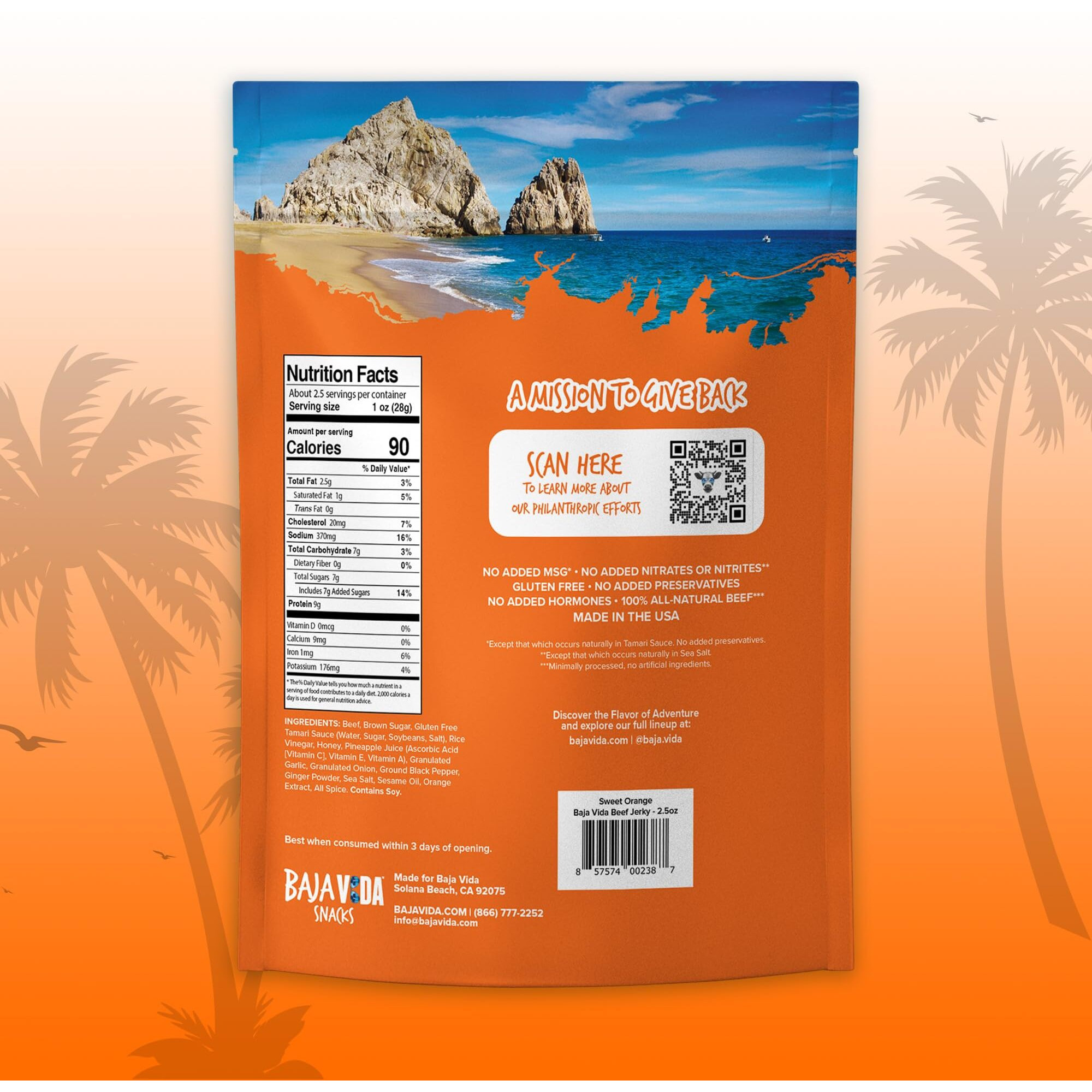 Baja Vida Sweet Orange Beef Jerky - Beef Jerky Snack Packs, Healthy Jerky, Gluten-Free, All-Natural Beef, No Msg, Made In The Usa - 2.5 Oz (Pack Of 4)