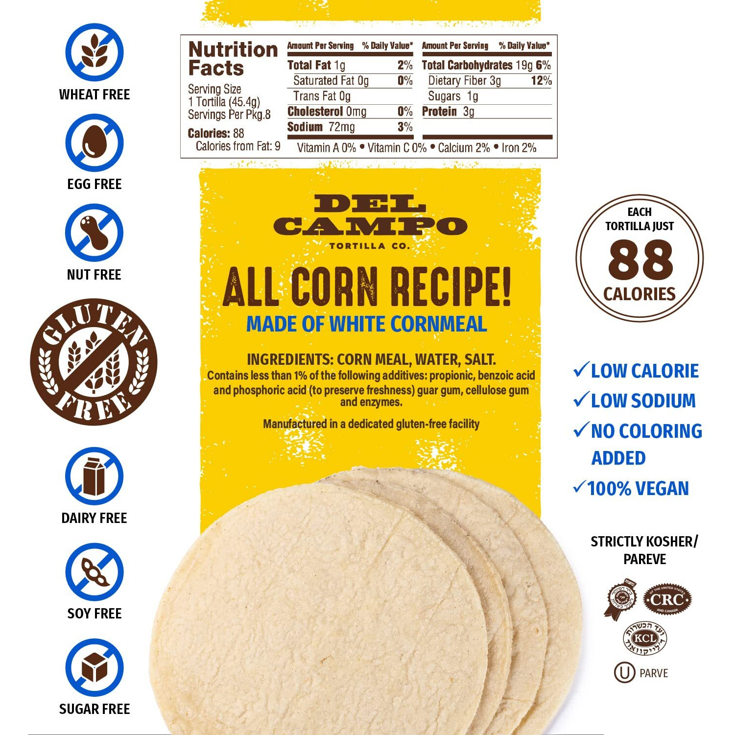 Del Campo Soft Corn Tortillas - 8 Inch Round, Gluten Free And All-Corn Authentic Mexican Food. Many Serving Options Wraps, Tacos, Quesadillas Or Burritos, Kosher. (8Ct.) (Pack Of 2)