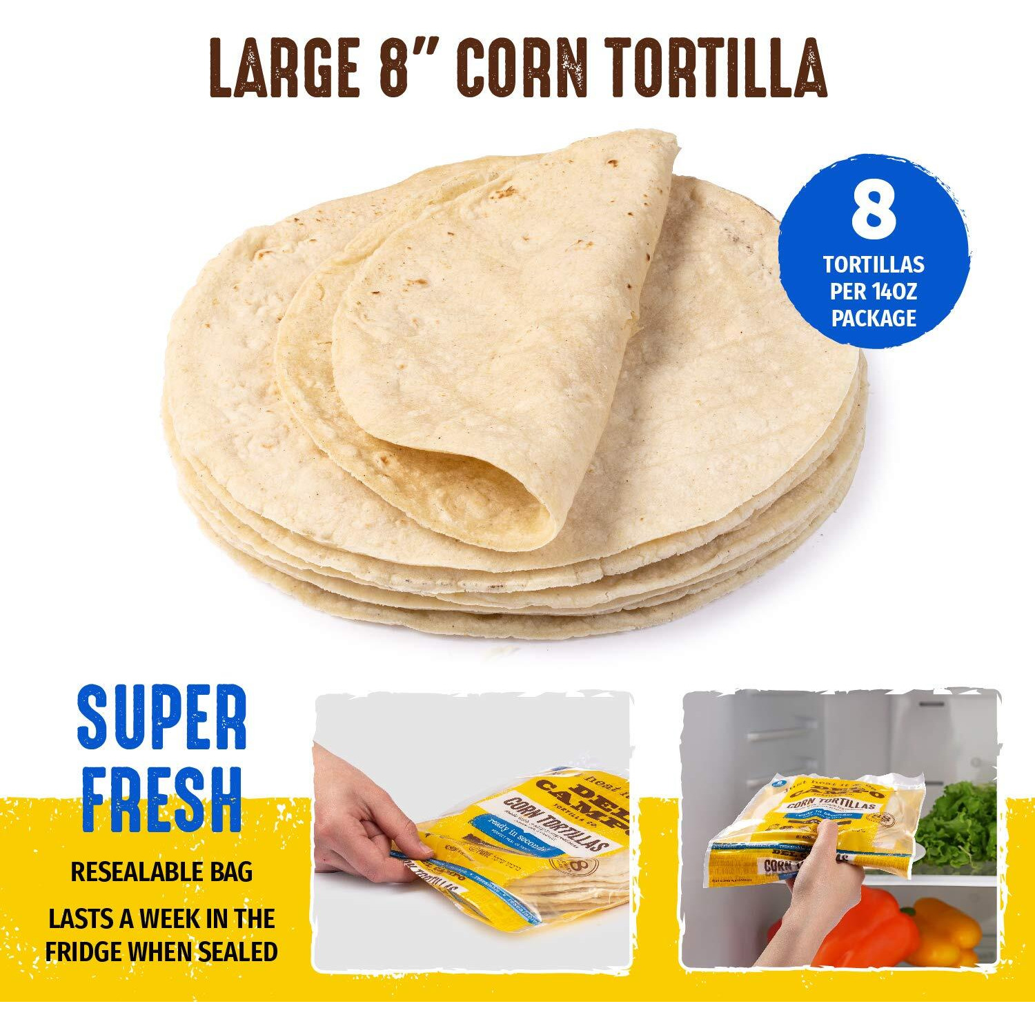 Del Campo Soft Corn Tortillas - 8 Inch Round, Gluten Free And All-Corn Authentic Mexican Food. Many Serving Options Wraps, Tacos, Quesadillas Or Burritos, Kosher. (8Ct.) (Pack Of 2)