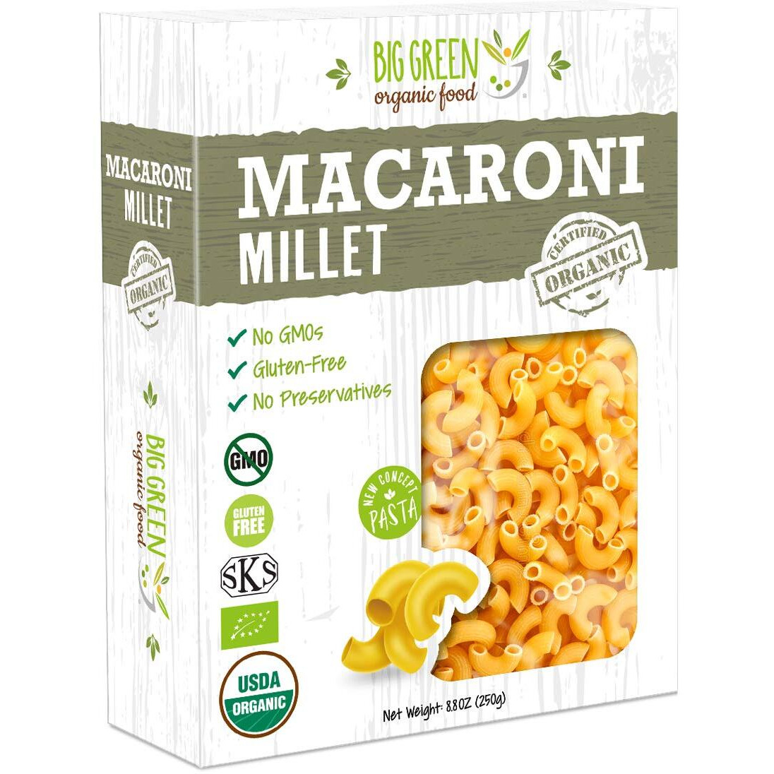 Big Green Organic Food- Organic Millet Macaroni (Elbows), Gluten-Free, Lectin-Free, Non-Gmo, Vegan, Wheat And Rice Alternative, 8.8Oz (3)