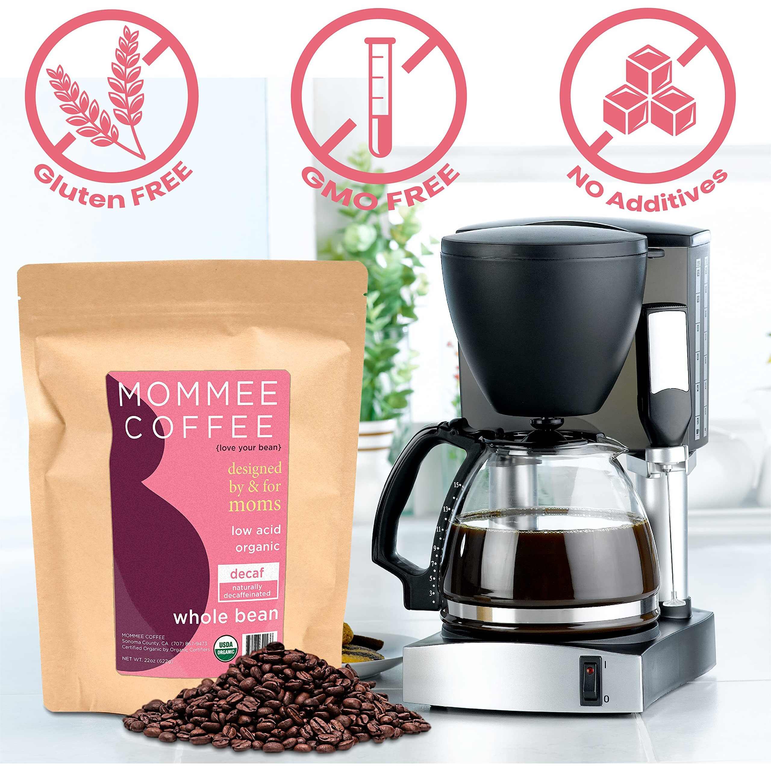 Mommee Coffee - Decaf | Low Acid, Organic, Fair Trade, Water Processed | Whole Bean, 22 Oz.