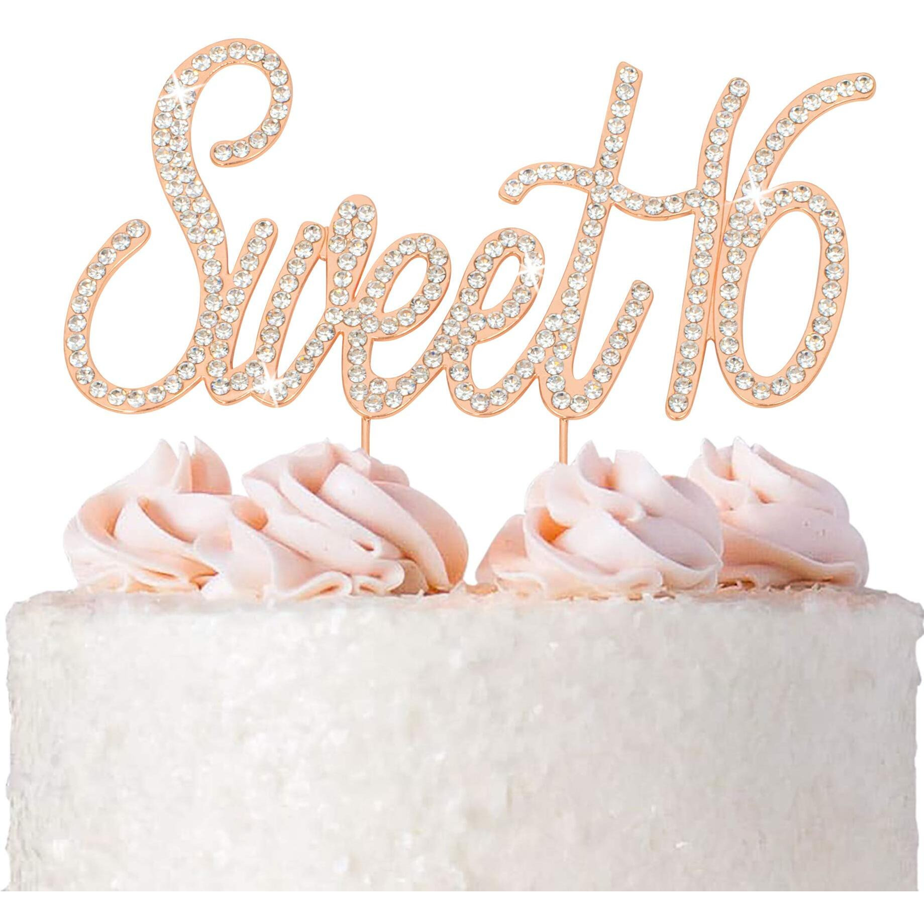 16 Cake Topper - Premium Rose Gold Metal - Sweet 16 Birthday Party Sparkly Rhinestone Decoration Makes A Great Centerpiece - Now Protected In A Box