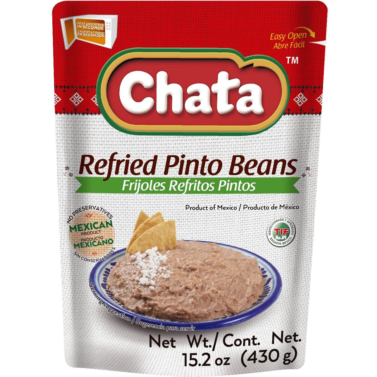 Chata Refried Pinto Beans Pouch | Practical + Delicious | Ready-To-Eat | No Preservatives | 15.2 Ounce (Pack Of 1)