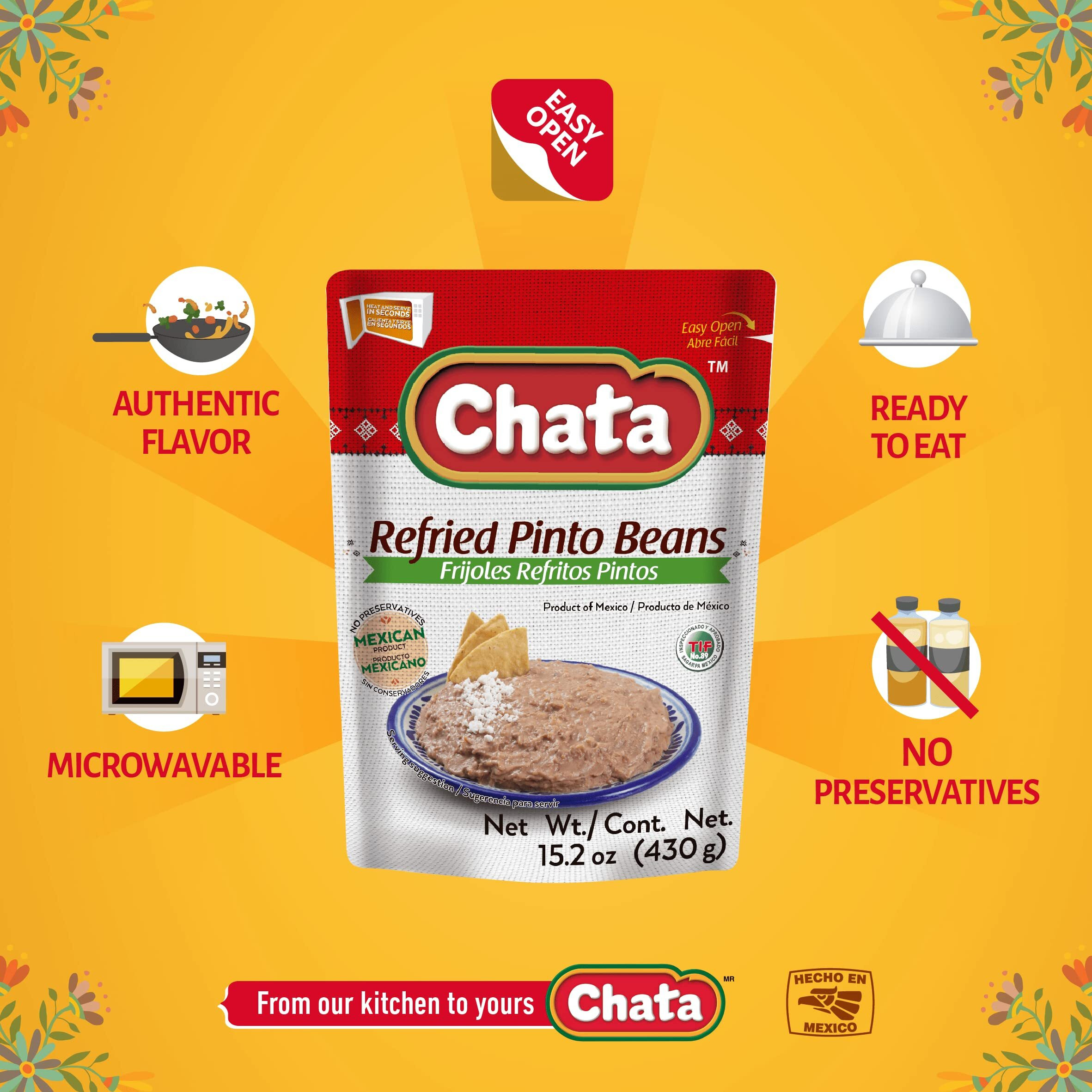 Chata Refried Pinto Beans Pouch | Practical + Delicious | Ready-To-Eat | No Preservatives | 15.2 Ounce (Pack Of 1)