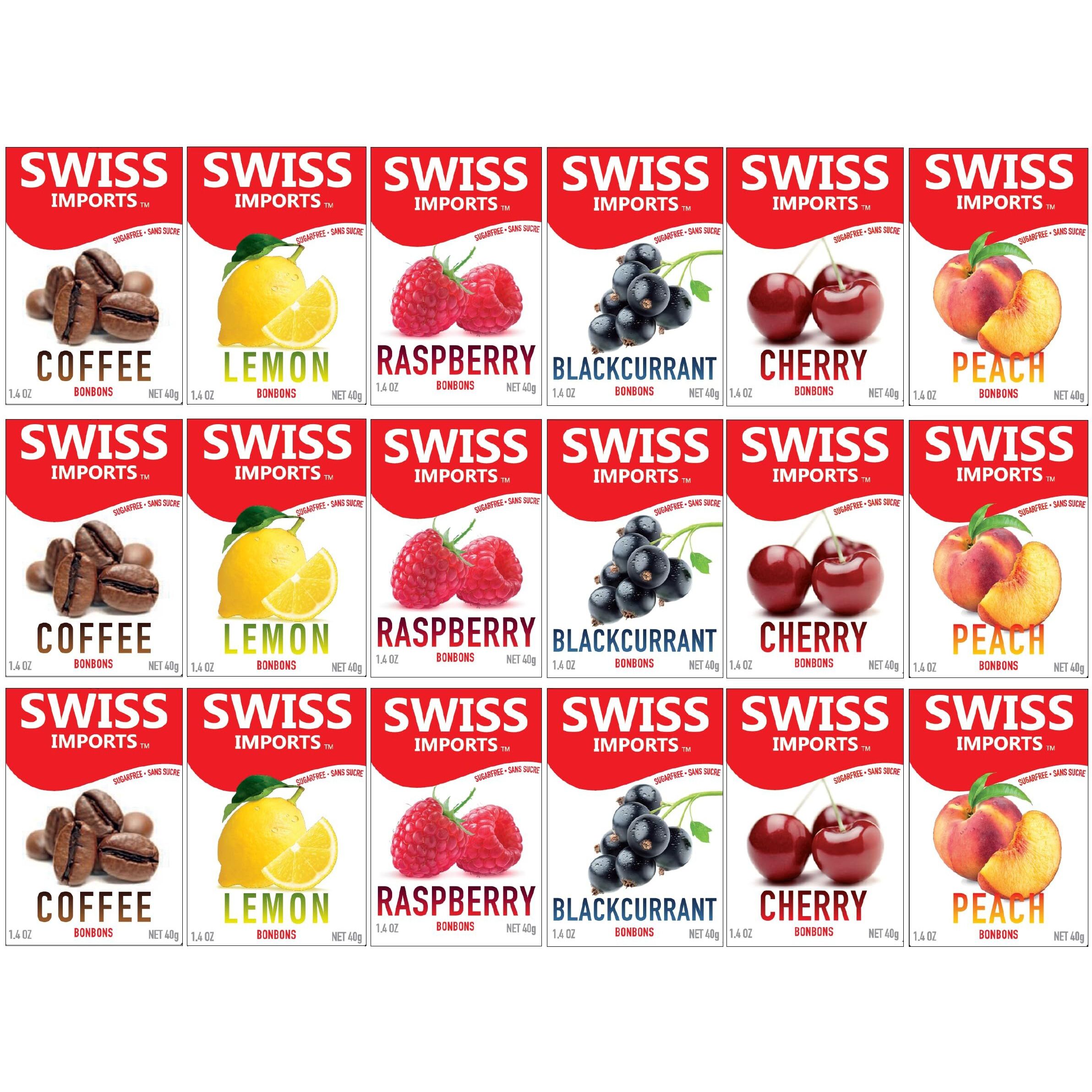 Swiss Imports Sugar Free Bonbons Hard Candy Drops, Variety Pack Of Cherry, Coffee, Lemon, Peach, Blackcurrant, And Raspberry, 1.4 Oz/ 40G Box, 18 Pack