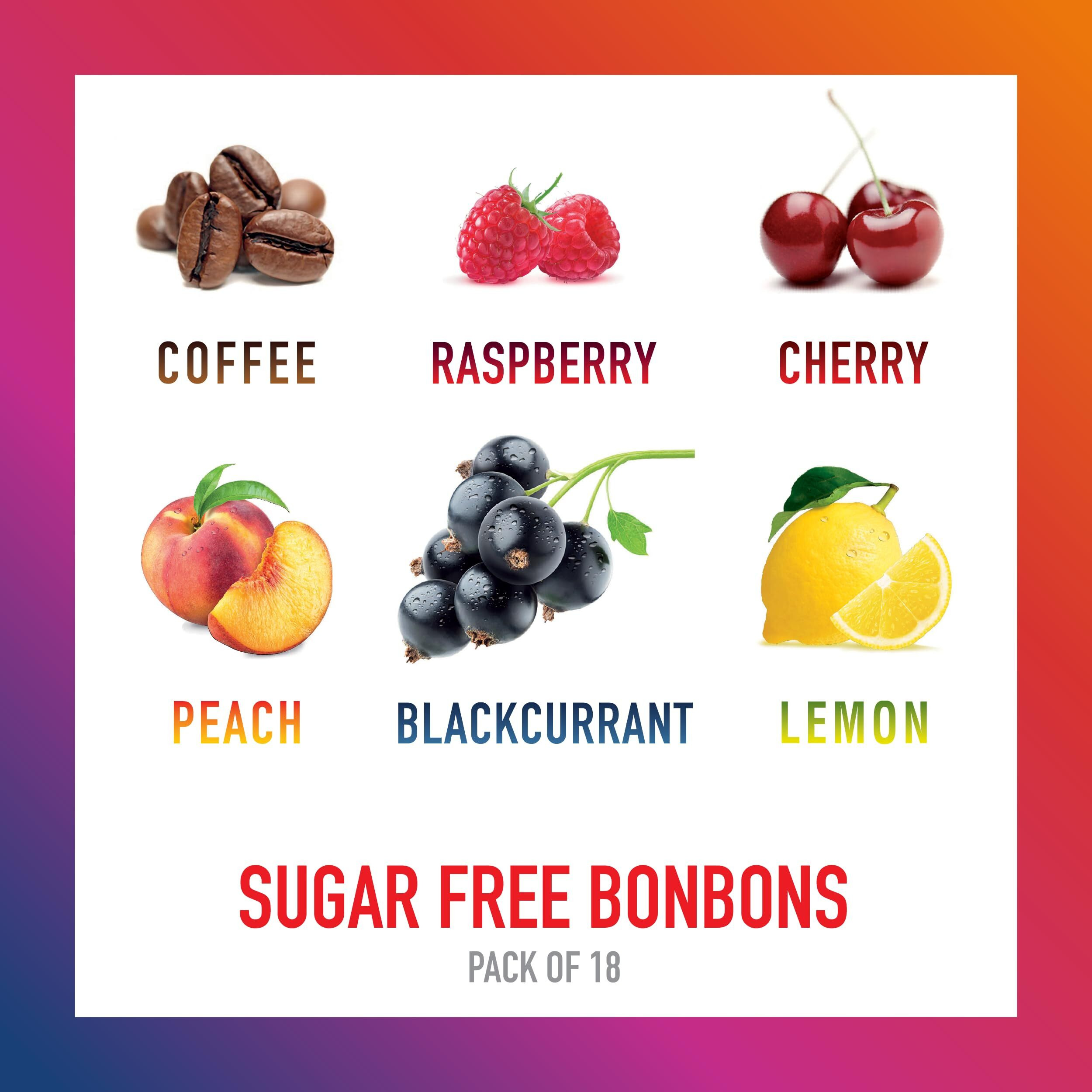 Swiss Imports Sugar Free Bonbons Hard Candy Drops, Variety Pack Of Cherry, Coffee, Lemon, Peach, Blackcurrant, And Raspberry, 1.4 Oz/ 40G Box, 18 Pack
