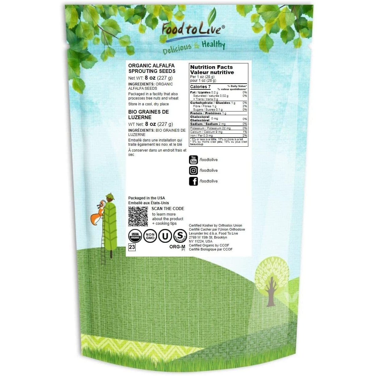 Food To Live - Organic Alfalfa Seeds For Sprouting, 8 Ounces Non-Gmo, Edible Seeds, Pure, Vegan, Kosher, Bulk. Rich In Vitamin K, Vitamin C.