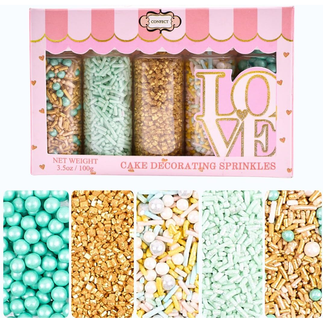 Confect Edible Sprinkles For Cakes & Cupcakes Decoration Assorted Pack Of 5 Cool Summer Breeze Mix Yellow Pearl Dragees Mint Green, Golden Jimmies Sparkling Gold Sugar - 3.5 Oz
